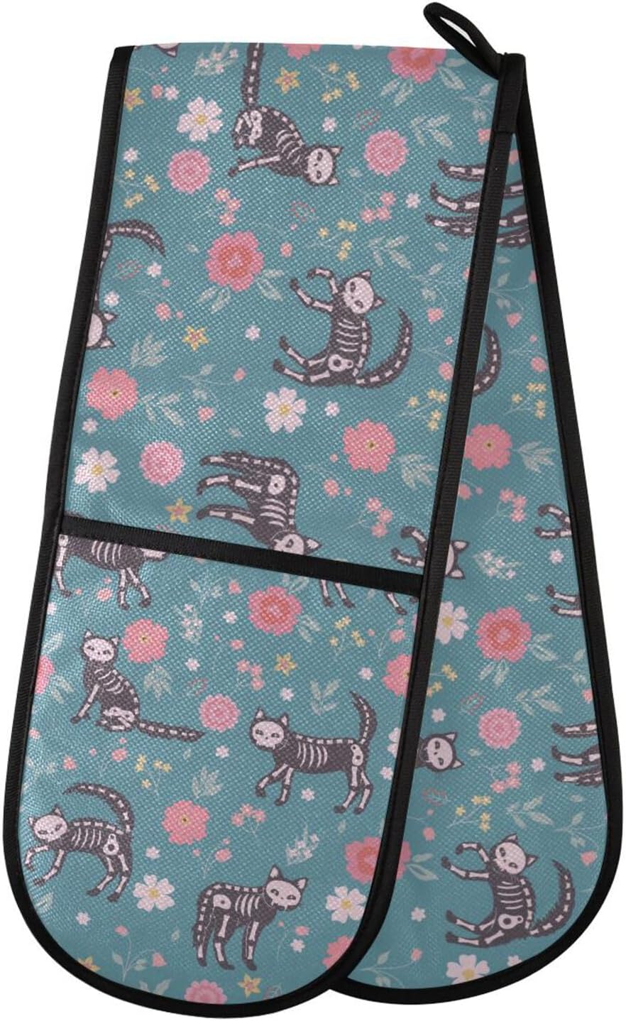 KLL Skeleton Cats Flowers Halloween Double Oven Mitts
