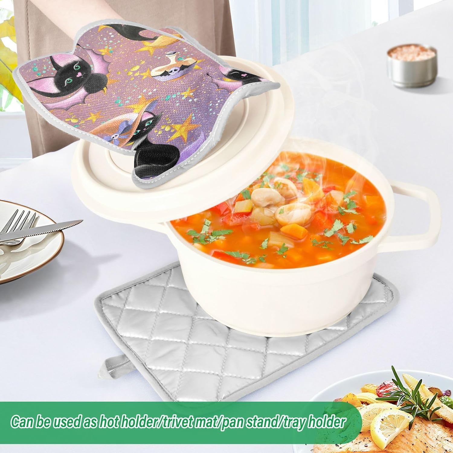 Halloween Black Cat 2Pcs Pot Holder Set Non-Slip Kitchen Baking Cooking