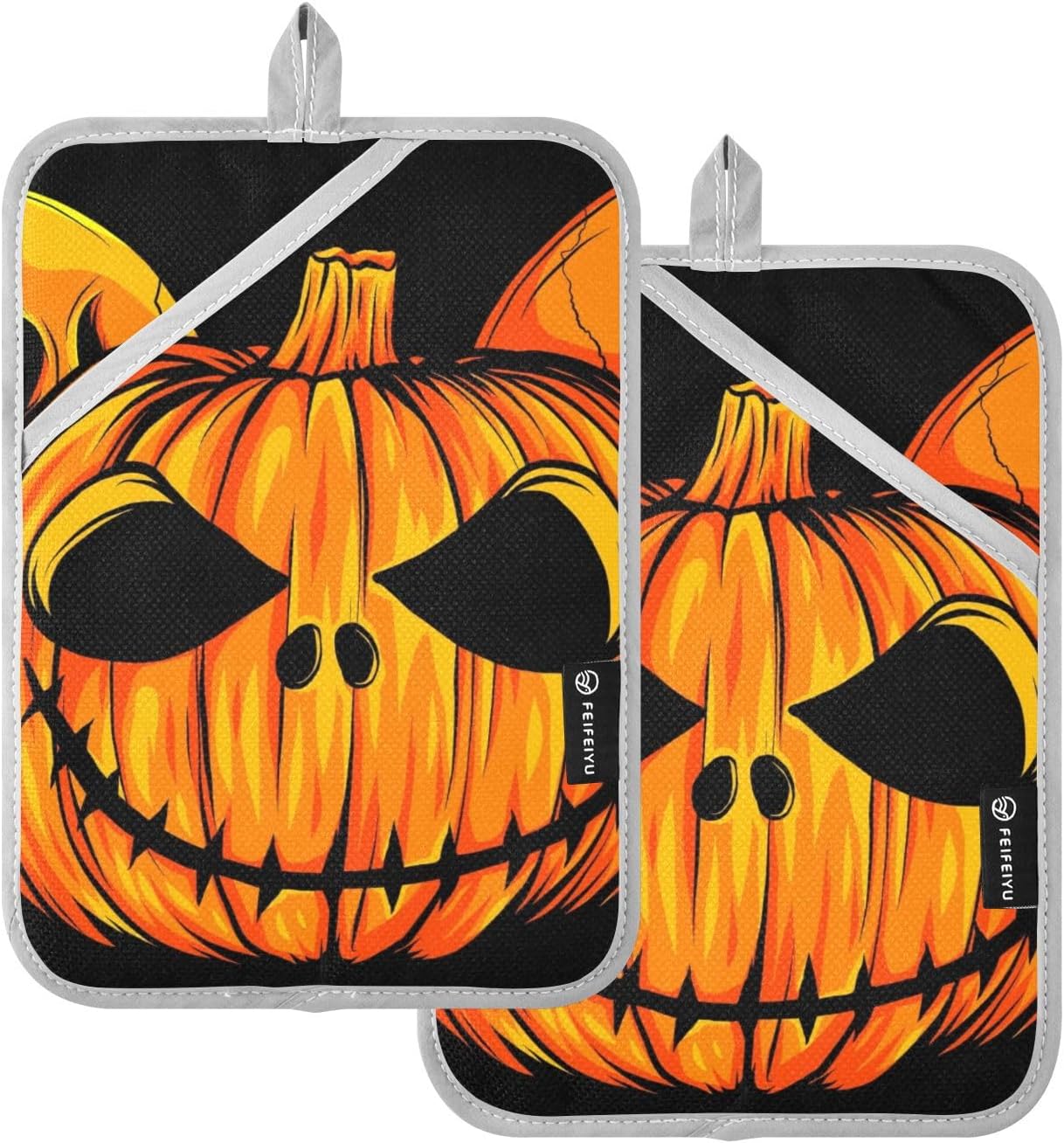Pumpkin Halloween Skull Potholders with Pockets 2 Pack
