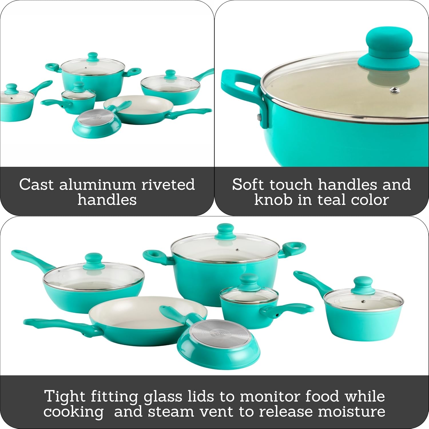 IMUSA 10pc Forged Aluminum Ivory Ceramic Cookware Set with Teal Handles