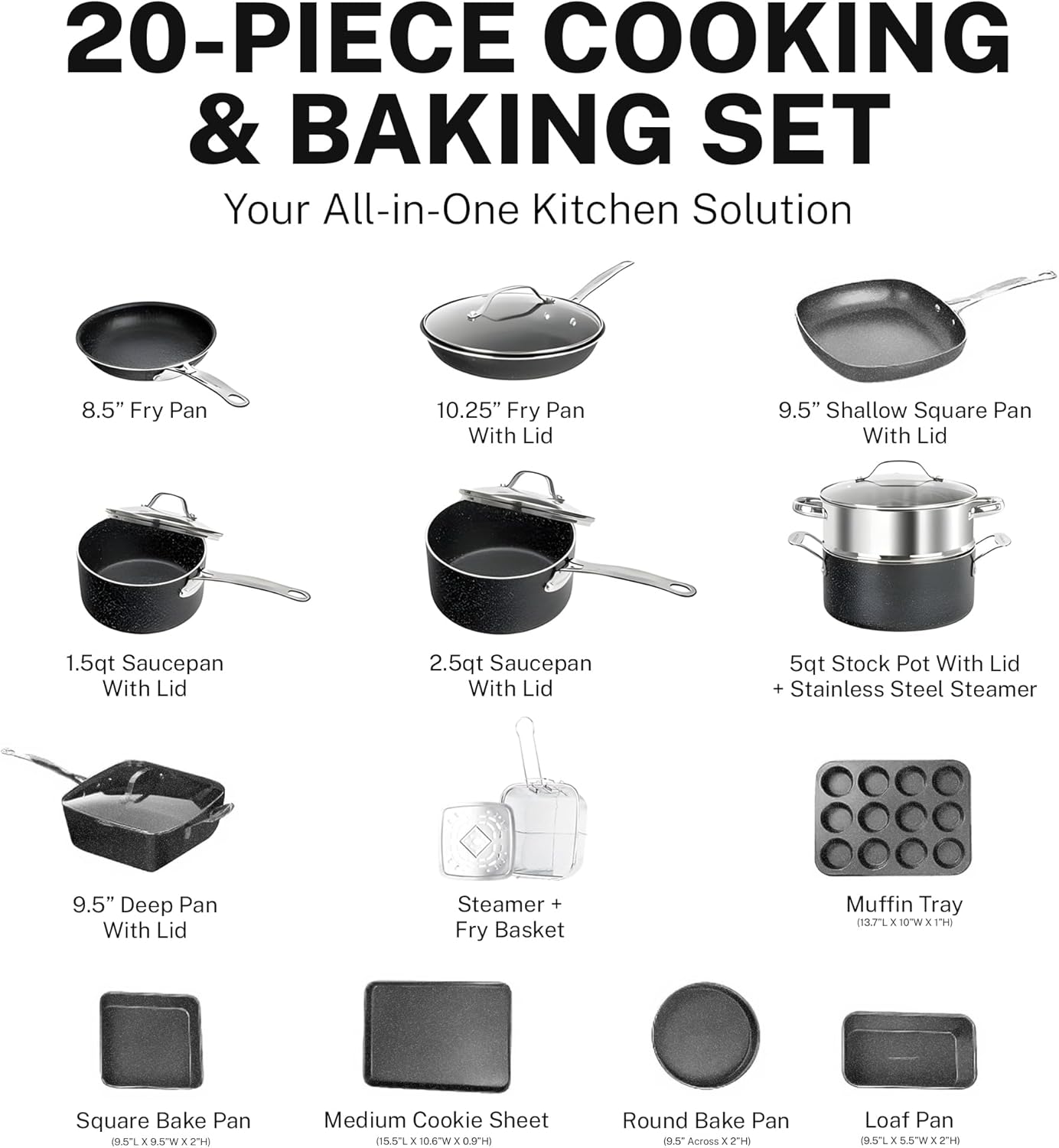 GranitestoneClean Safe 20-Pc Cookware Set Non-Stick Durable for Kitchen Use