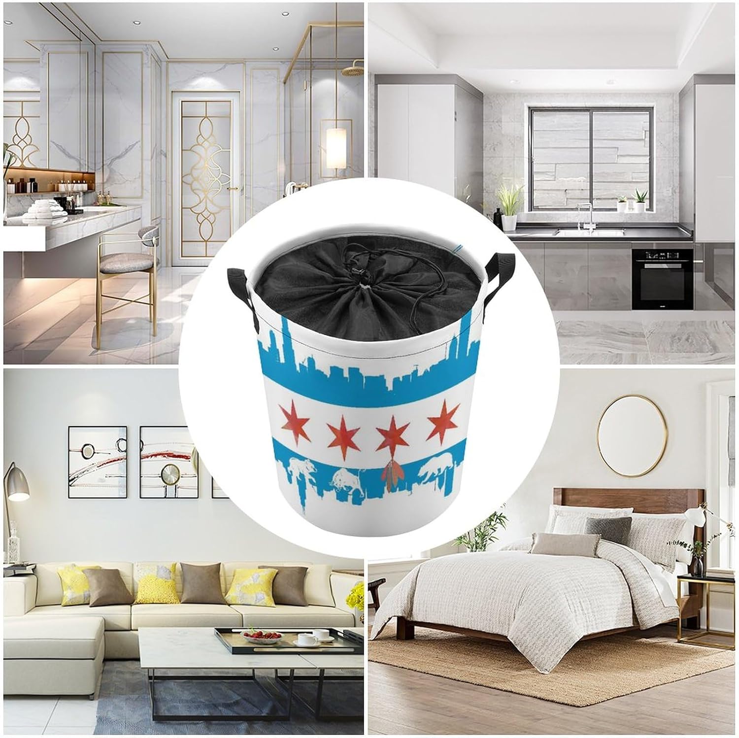 Chicago Flag Skyline Bear Laundry Basket Round Collapsible