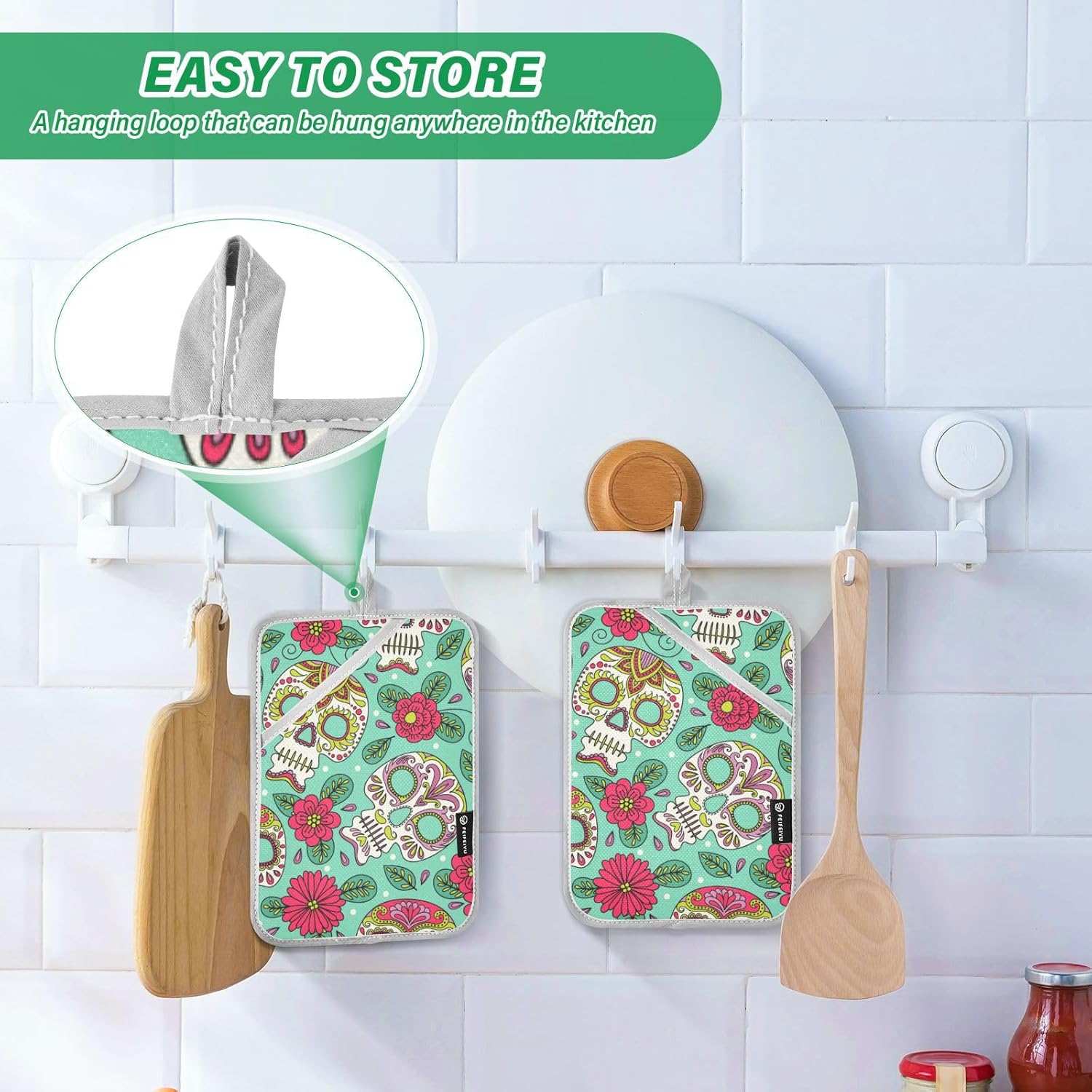 OurVII 2-Piece Halloween Floral Skull Pot Holder Set