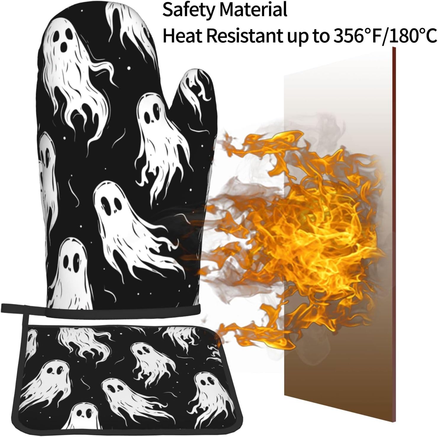 Halloween Ghost Oven Mitt Set Heat-Resistant Potholders for Baking Cooking