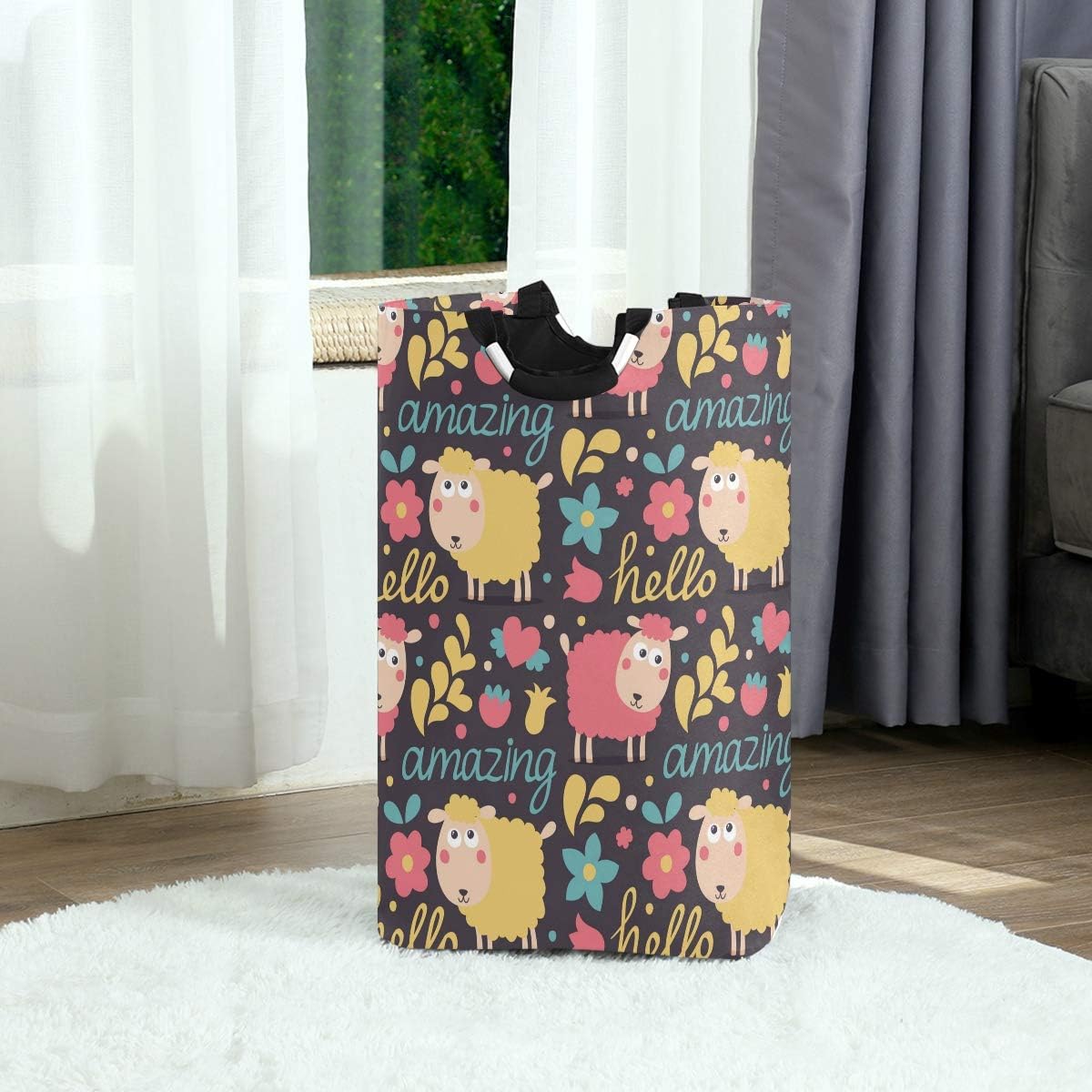 MOYYO Cute Animal Sheep Flowers Laundry Basket Collapsible Storage Bag