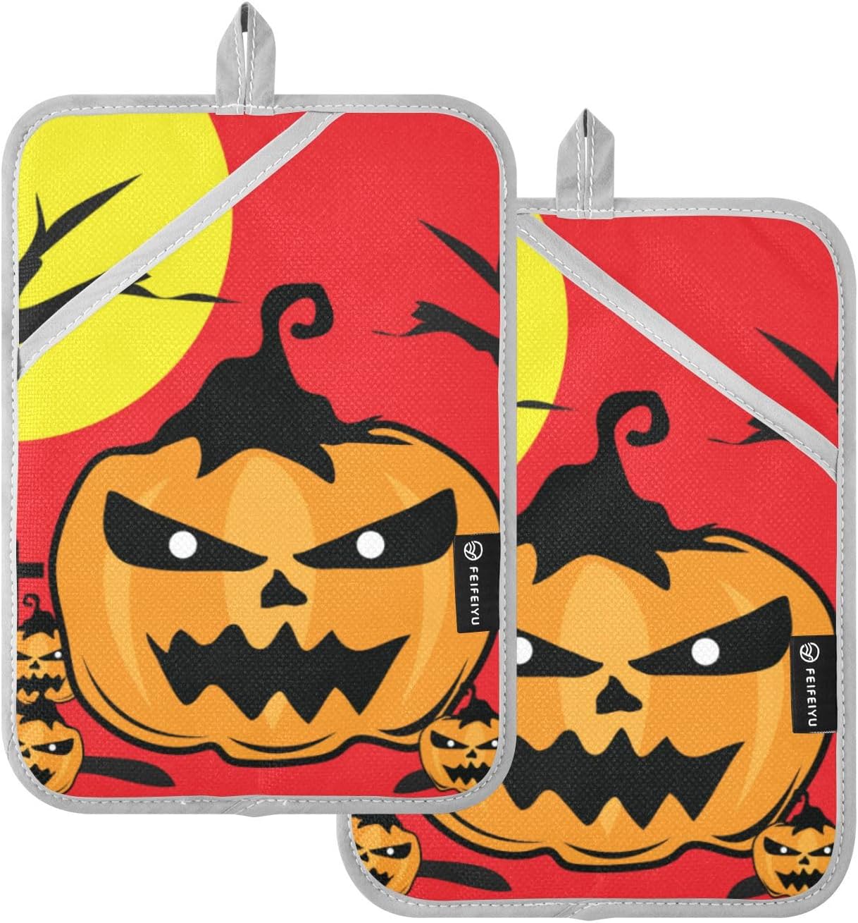 2Pcs Halloween Jack-o-Lantern Pot Holder Set Non-Slip Potholders with Pockets