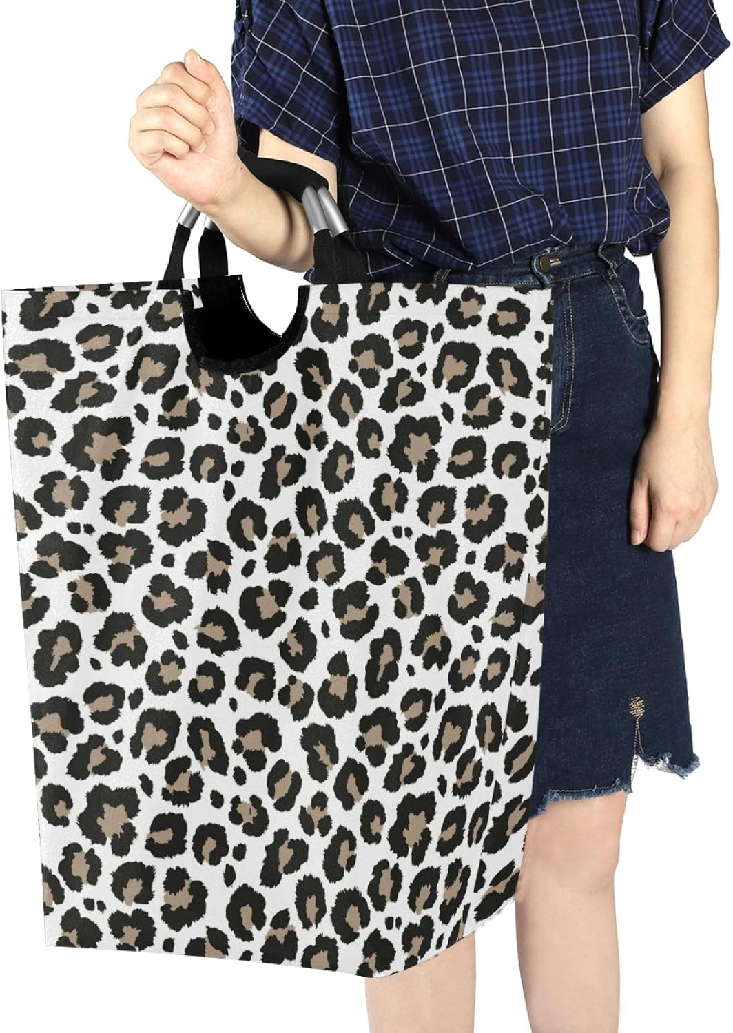 Stylish Large Laundry Hamper Basket with Gray Leopard Print and Handles