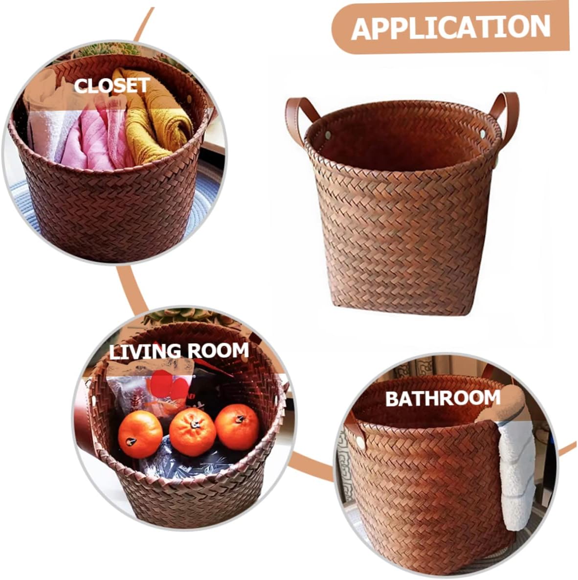 Leather Brown Wicker Laundry Storage Basket for Home and Clothes