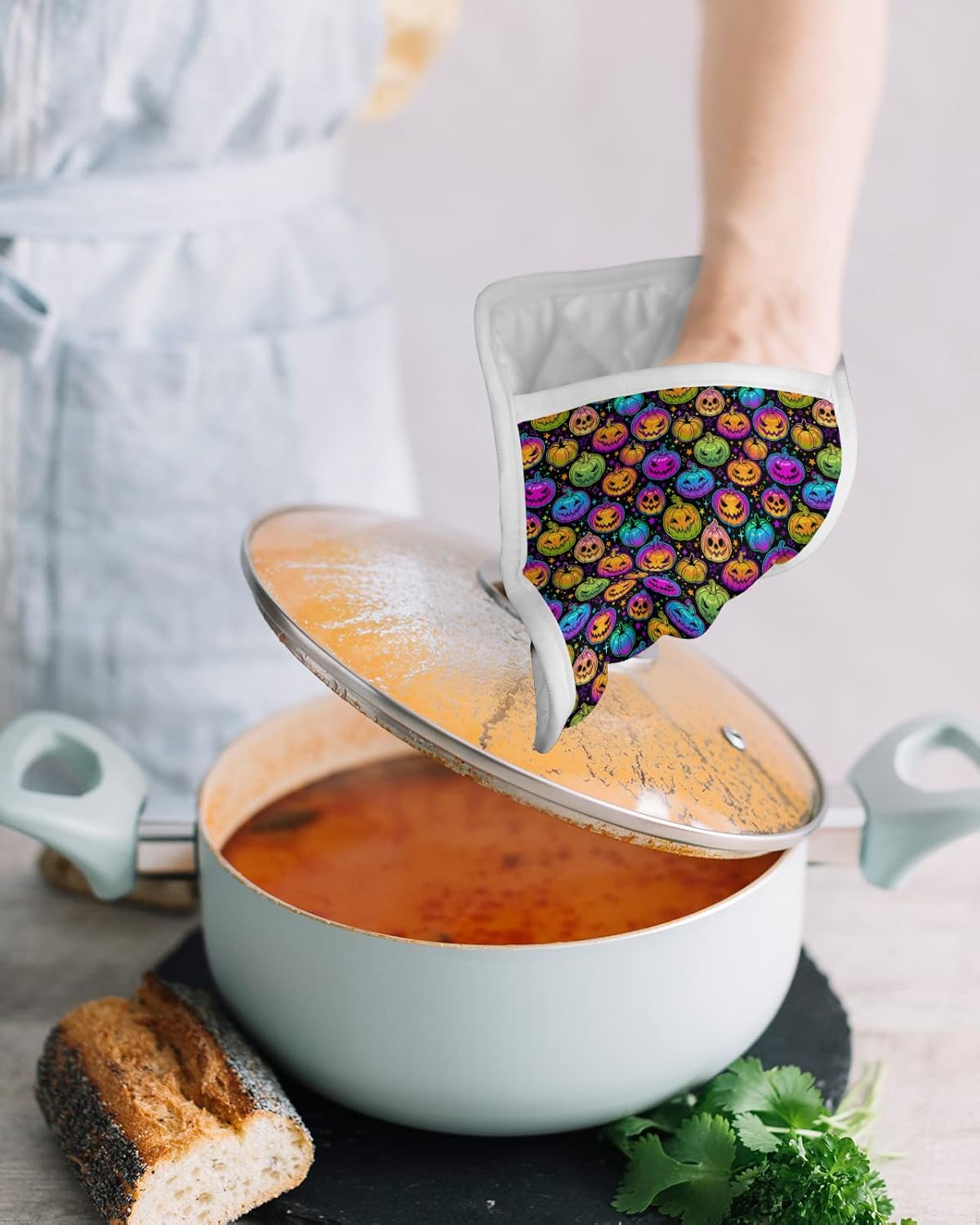 5 Piece Halloween Rainbow Pumpkin Potholders for Kitchen Use - Heat-Resistant Durable