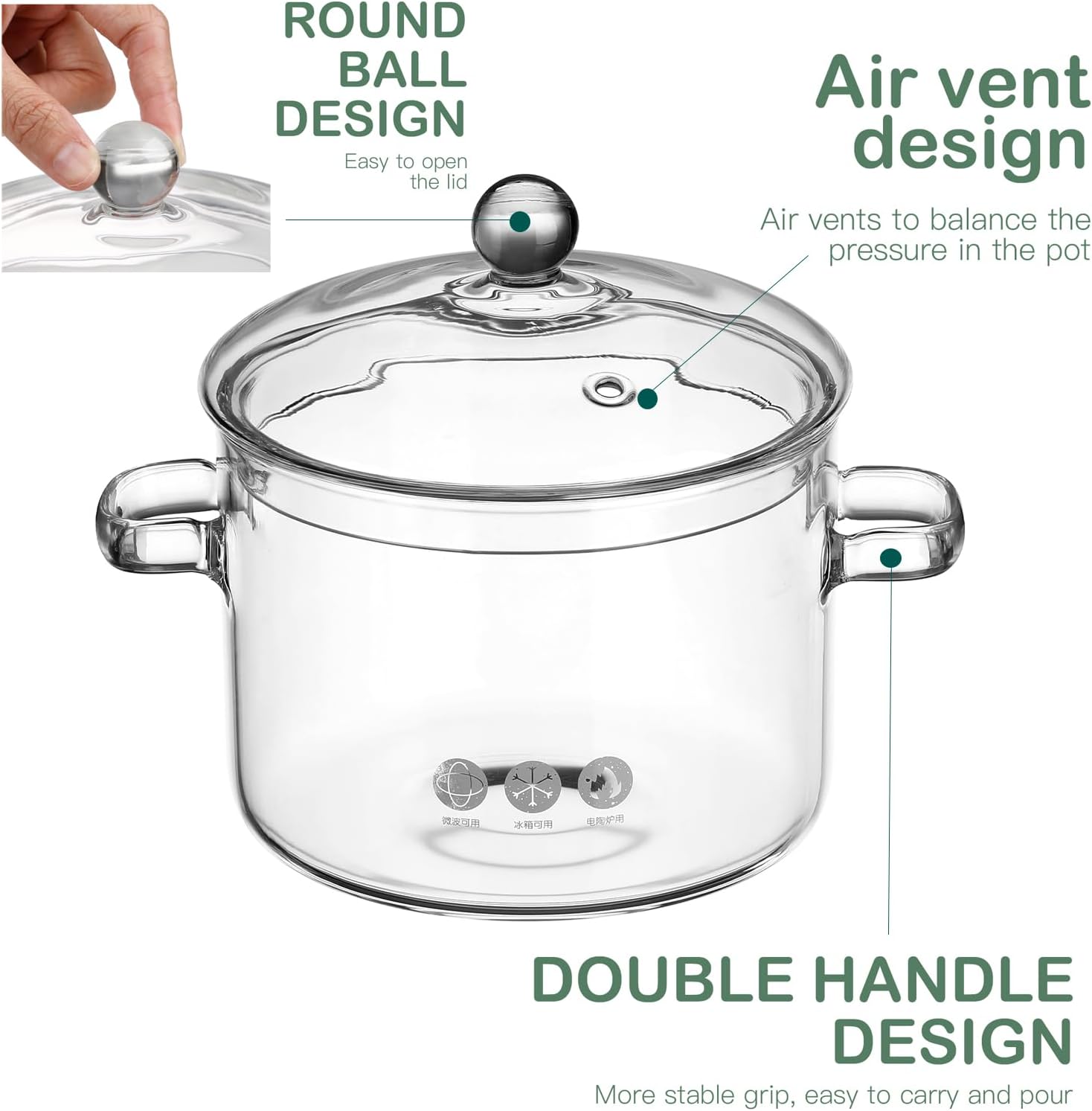 EROGO Essential Glass Saucepan with Lid 1900ml Heat-Resistant