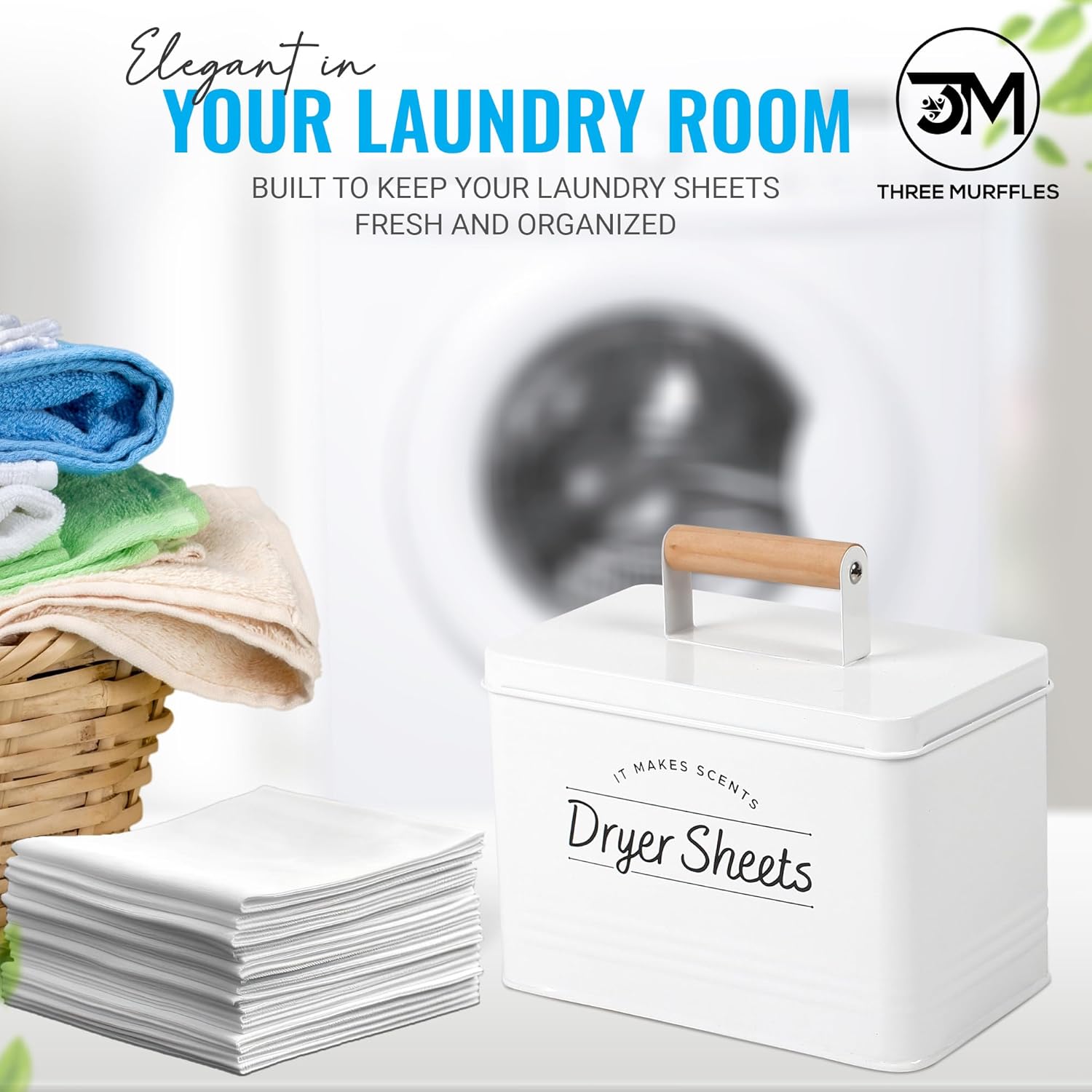 Three Murffles Dryer Sheet Holder - Sturdy White Dispenser