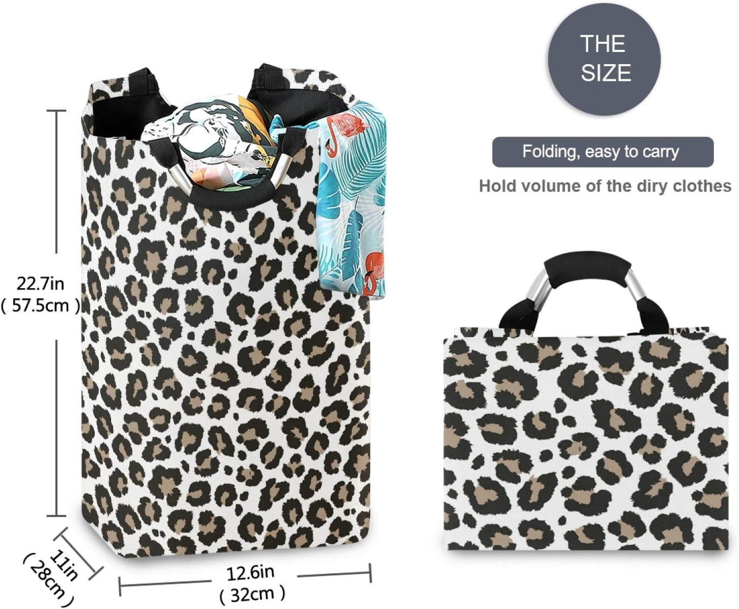 Stylish Large Laundry Hamper Basket with Gray Leopard Print and Handles