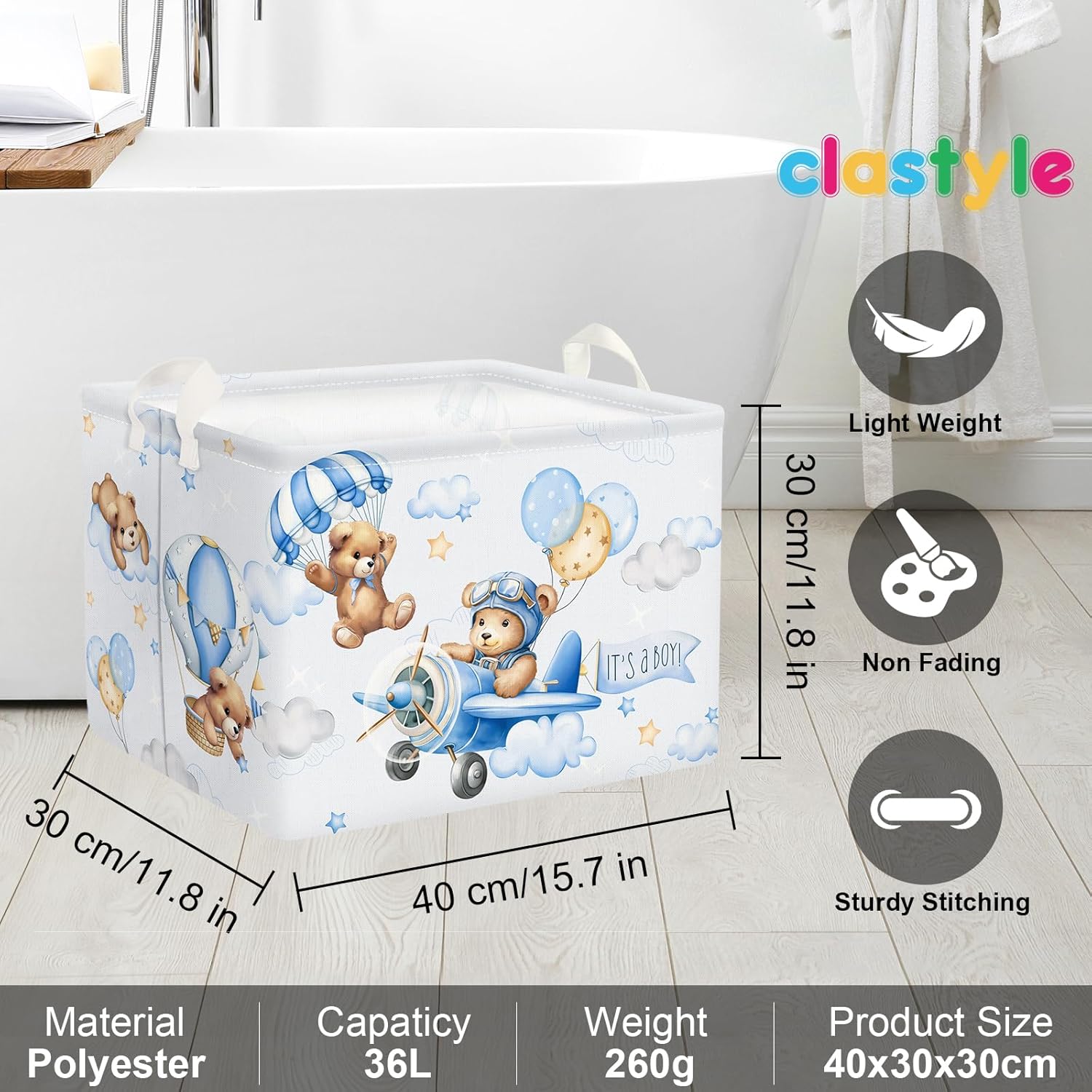 Clastyle 36L Blue Pilot Bear Boy Collapsible Storage Basket