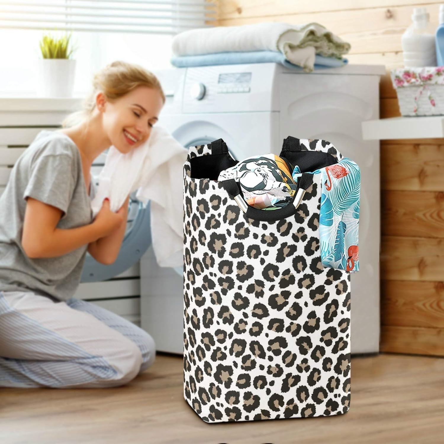Stylish Large Laundry Hamper Basket with Gray Leopard Print and Handles