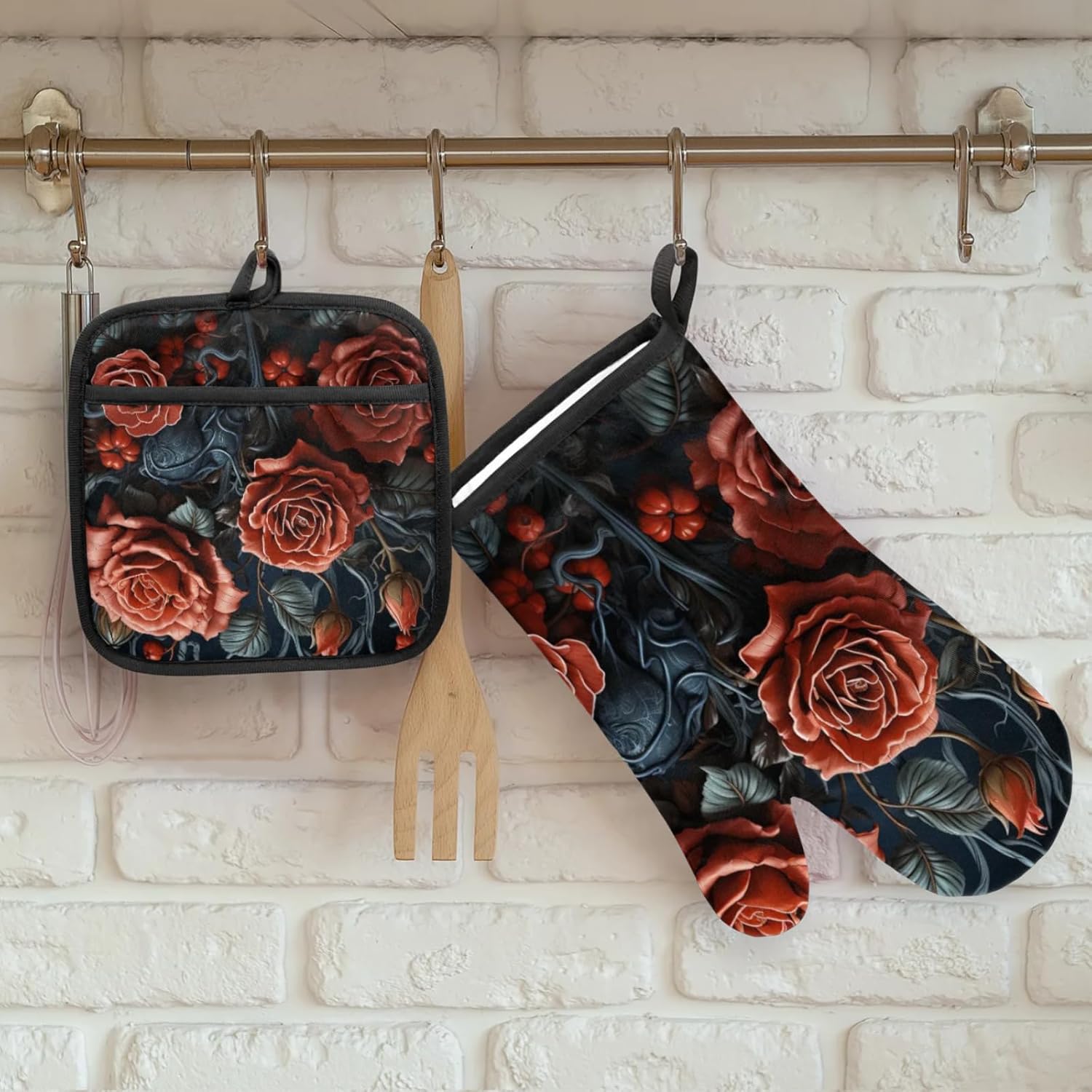 Halloween Red Rose Oven Mitt Set