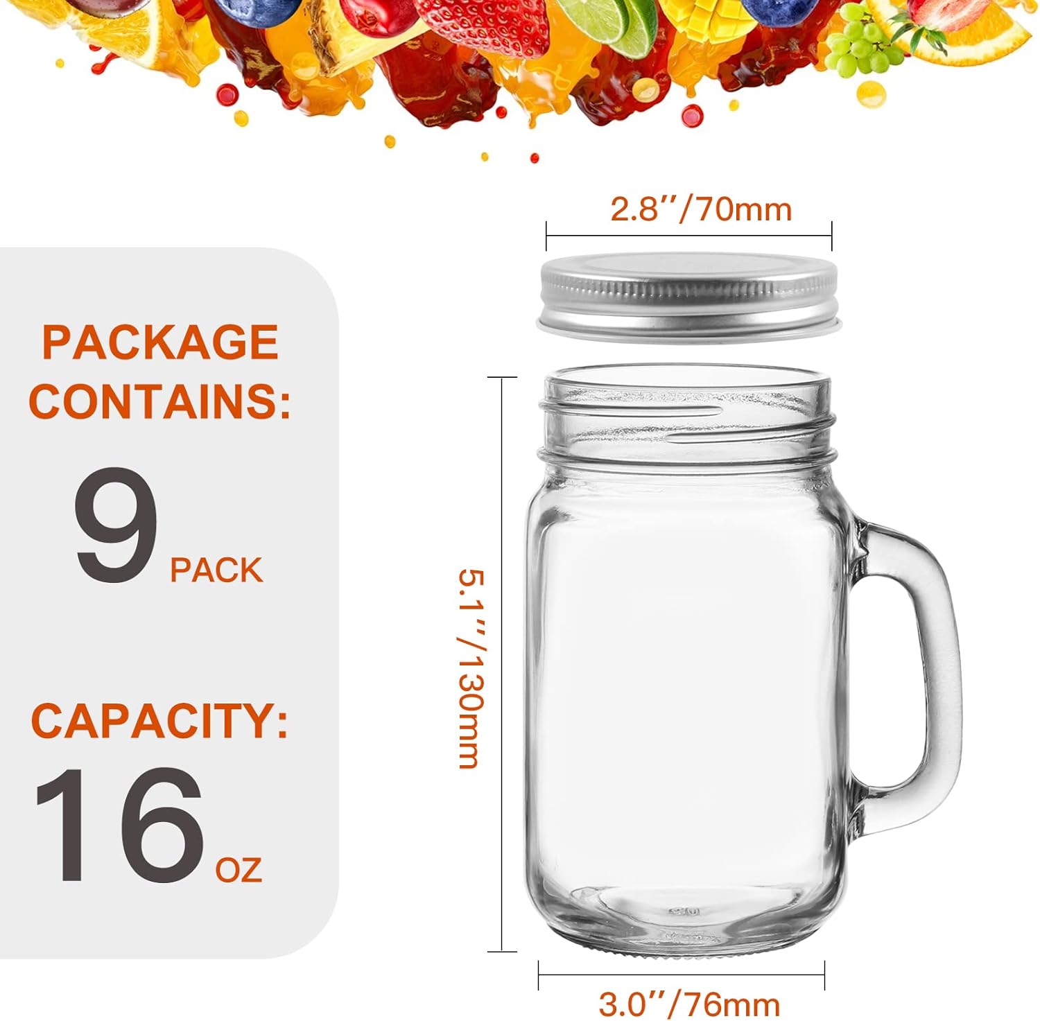 Keketin 16 oz Glass Mason Jars with Lids 9 Pack