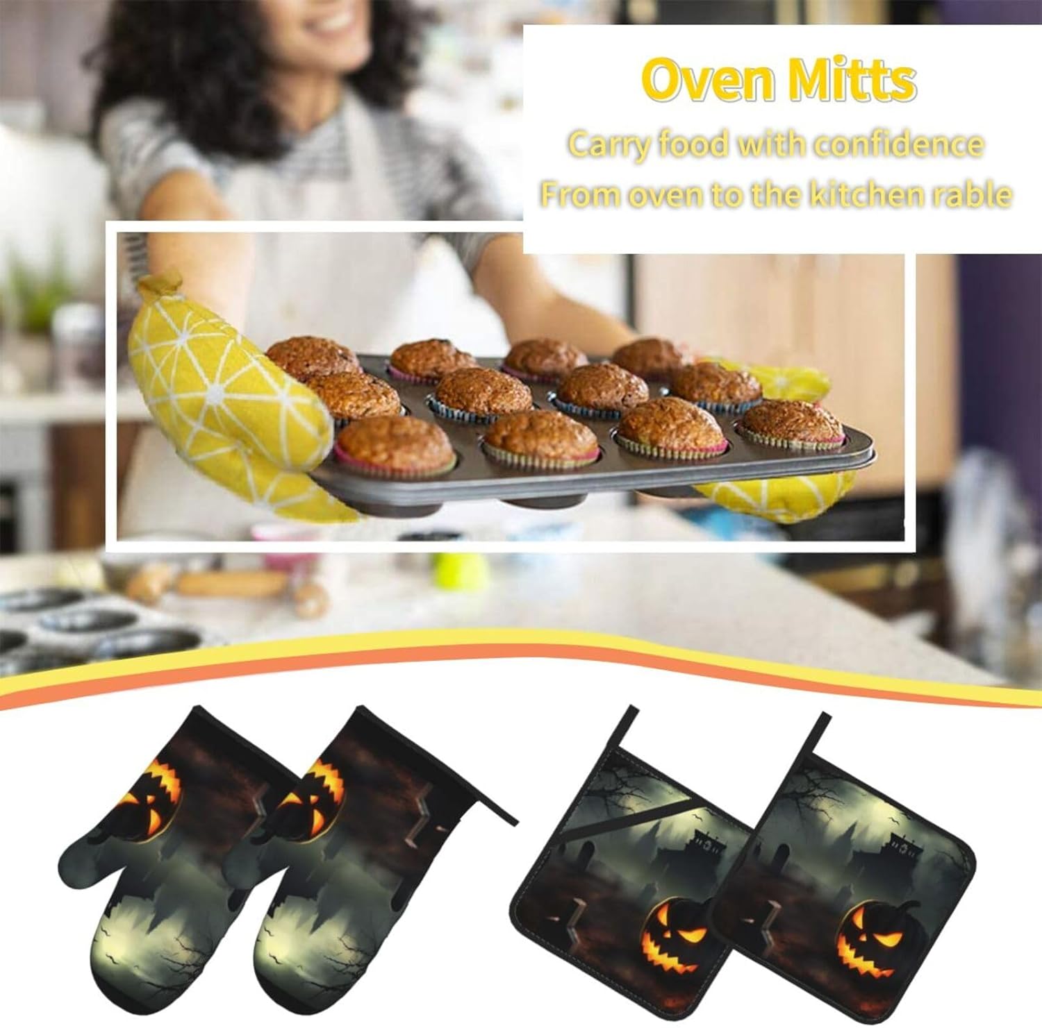 Halloween Horror Oven Mitts and Pot Holder Set of 4