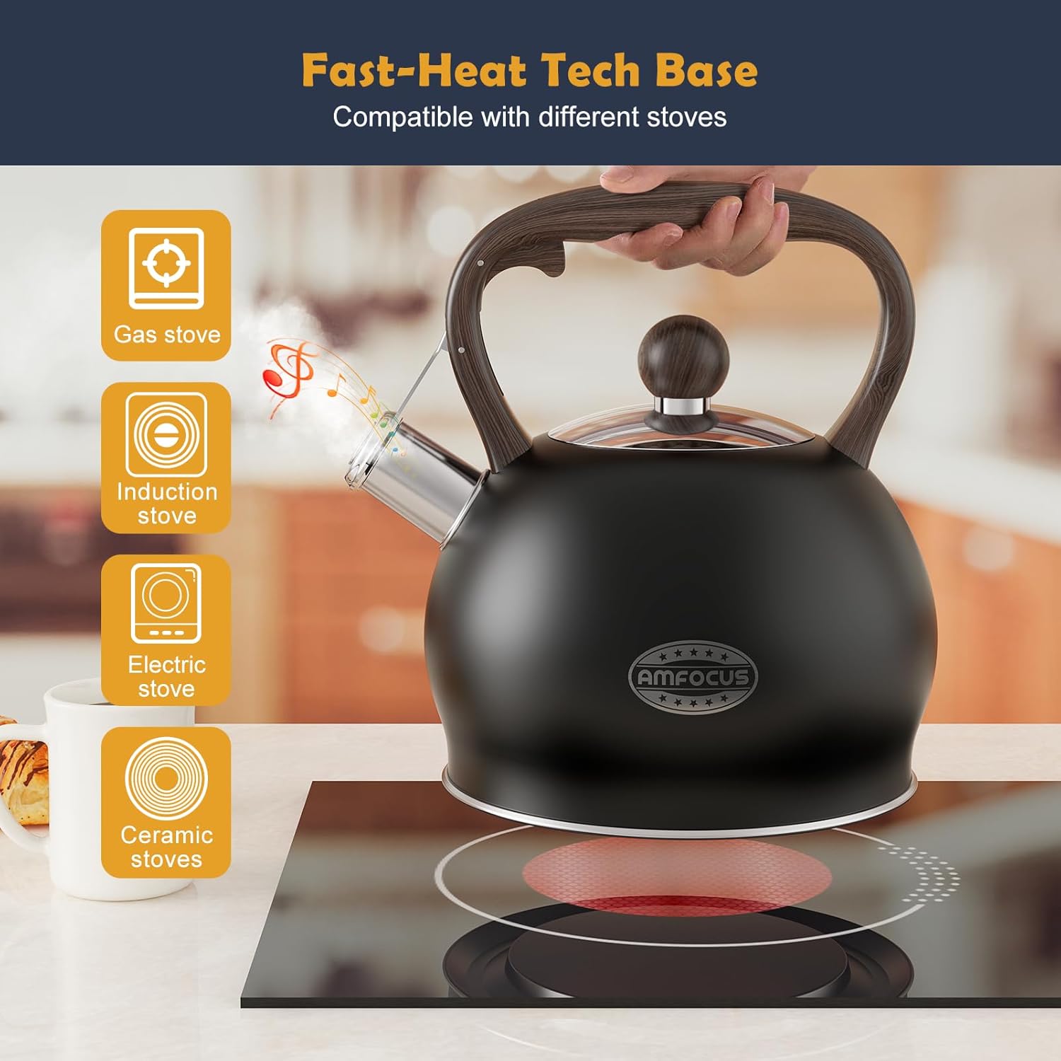 AMFOCUS264 Quart Ergonomic Stainless Steel Tea Kettle with Whistle Black