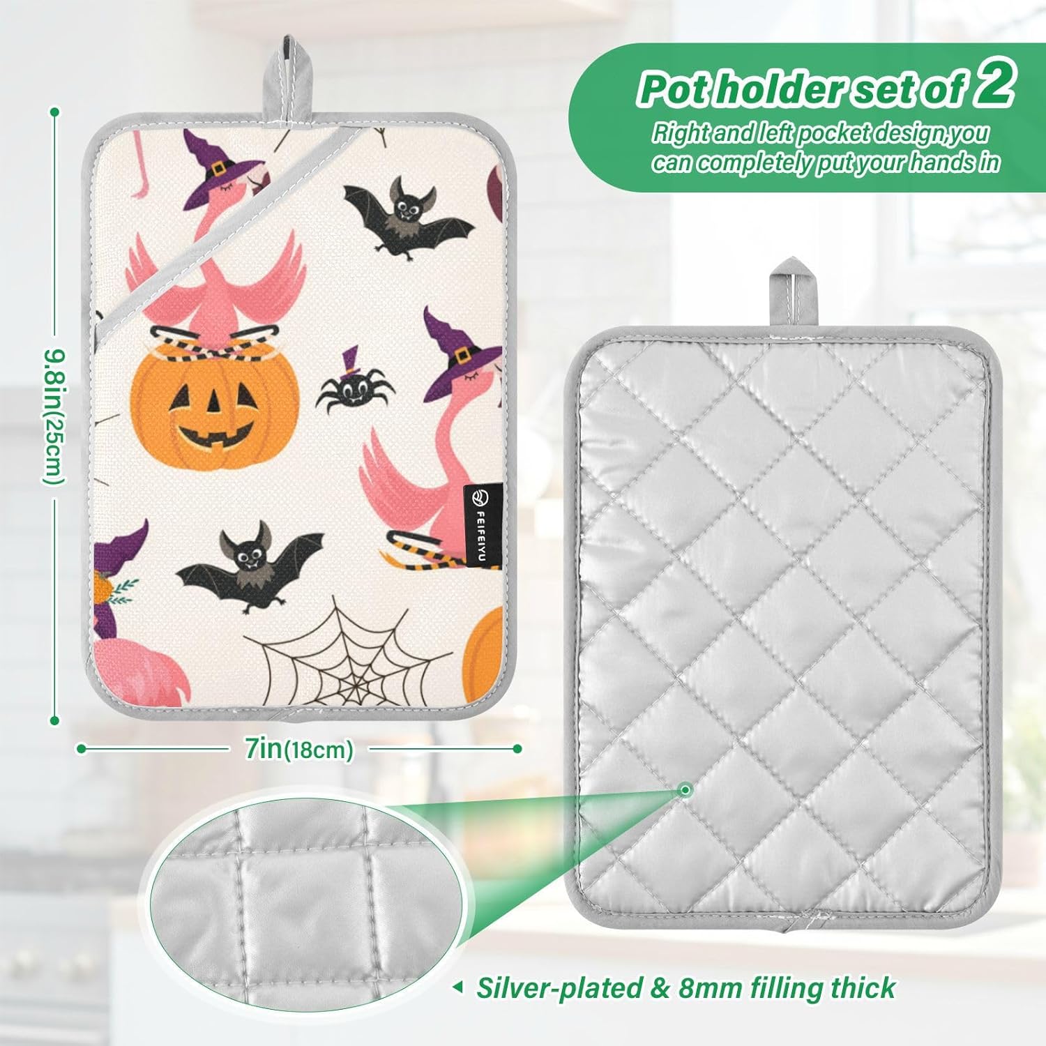 Flamingo Spiders Halloween Potholder Set with Pockets