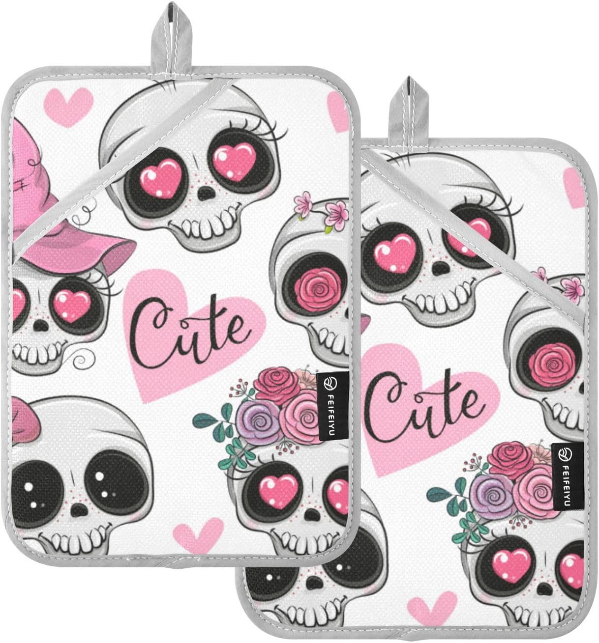 2Pcs Cute Skull Flower Pot Holder Set Non-Slip Oven Mitts with Pockets