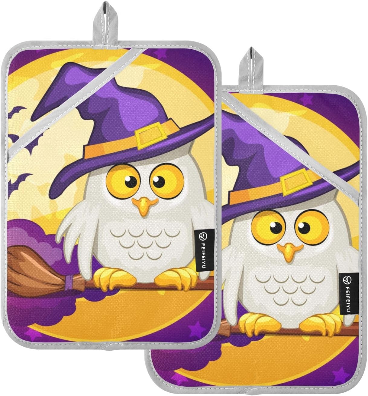 2Pcs Halloween Owl Moon Potholders with Pockets Mitts Set - Heat Resistant Oven Mitts