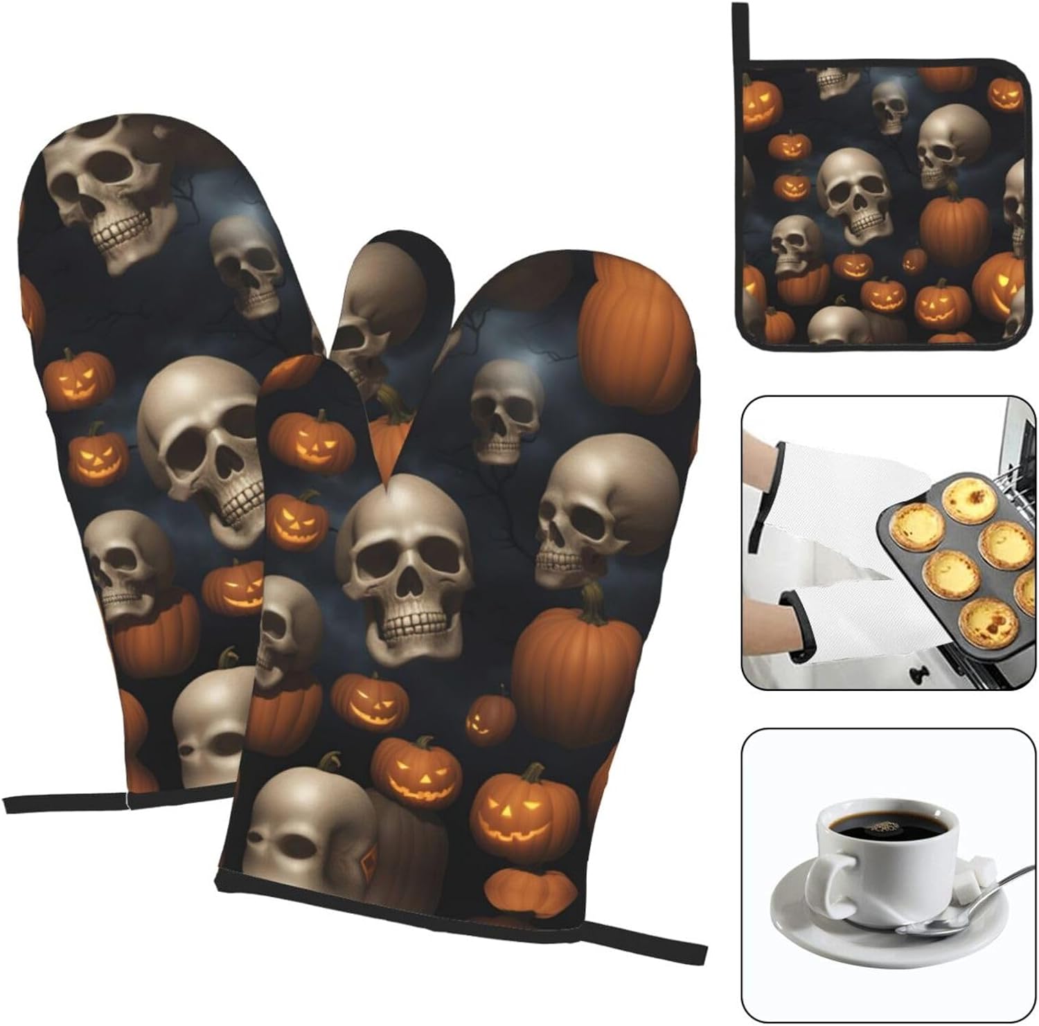 Ogniwo Halloween Skull Heat Resistant Oven Mitts and Pot Holders Set 3pcs