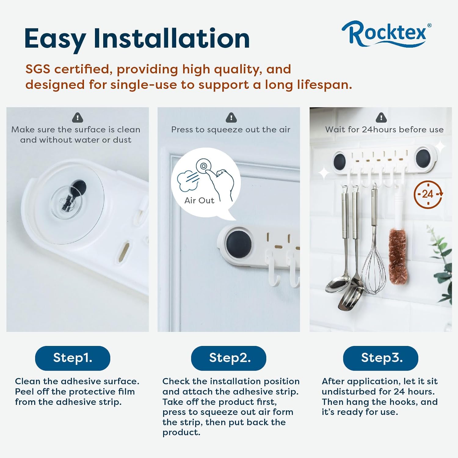 Rocktex No-Drill Wall Hooks - Heavy Duty Easy to Use
