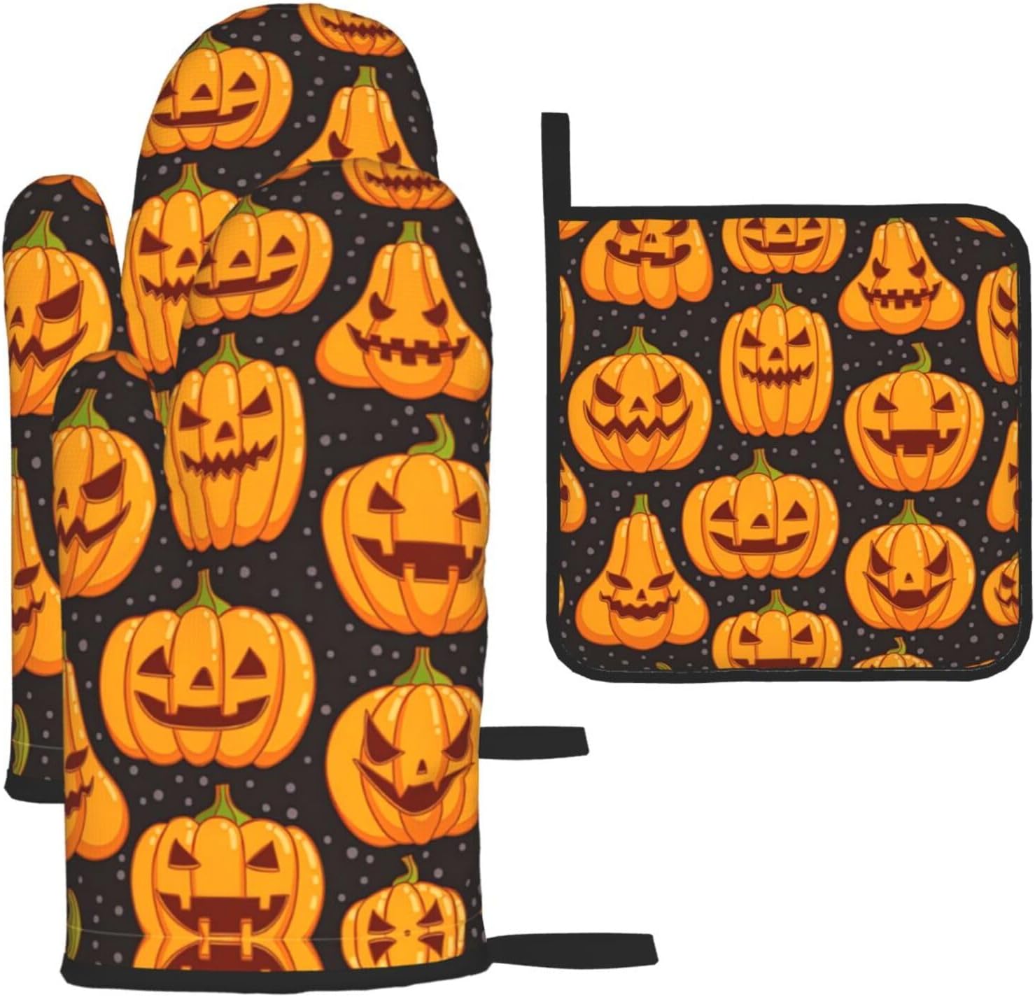 Halloween Pumpkin Pattern Oven Mitts and Pot Holders Set
