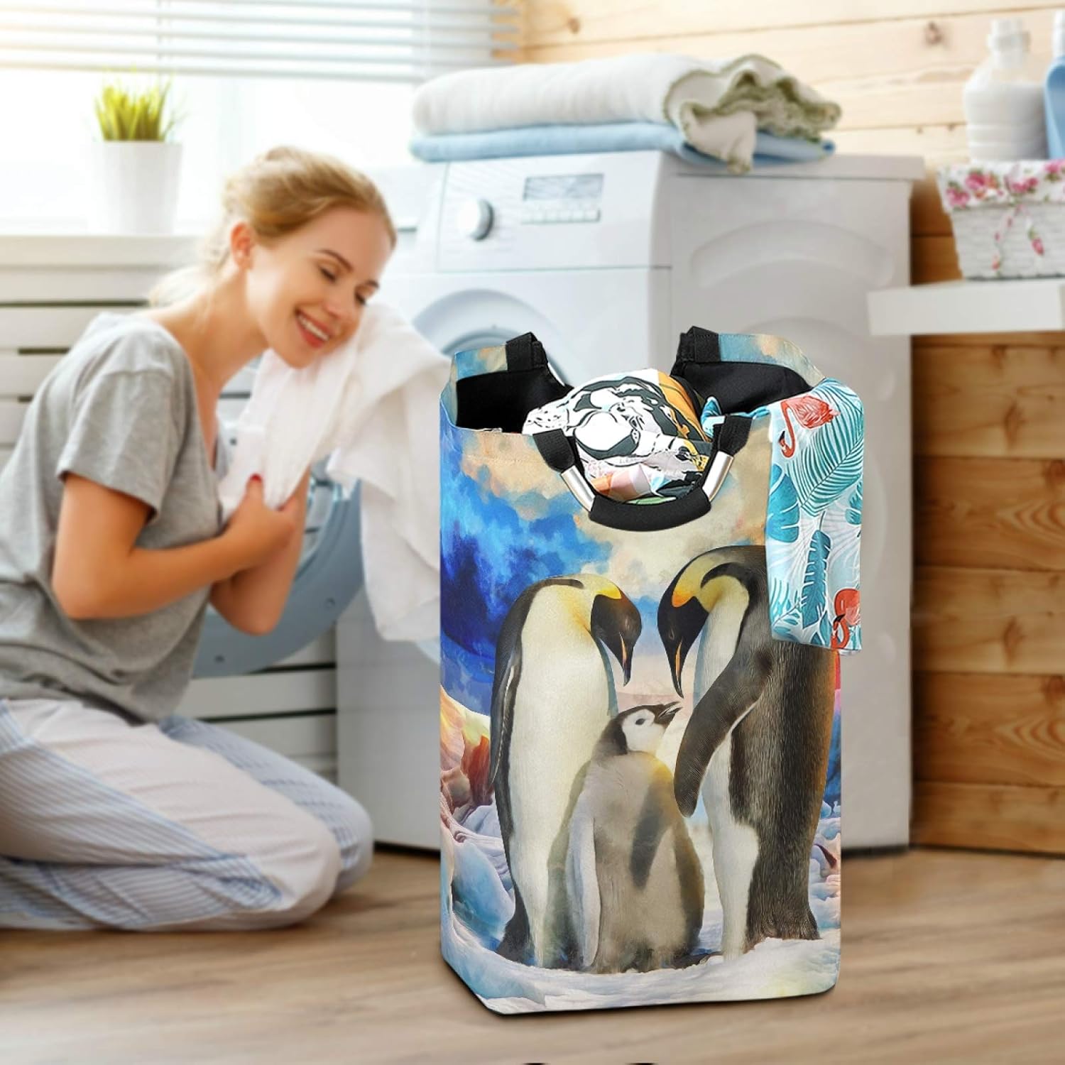 Susiyo Foldable Laundry Basket with Handles and Unique Penguin Pattern