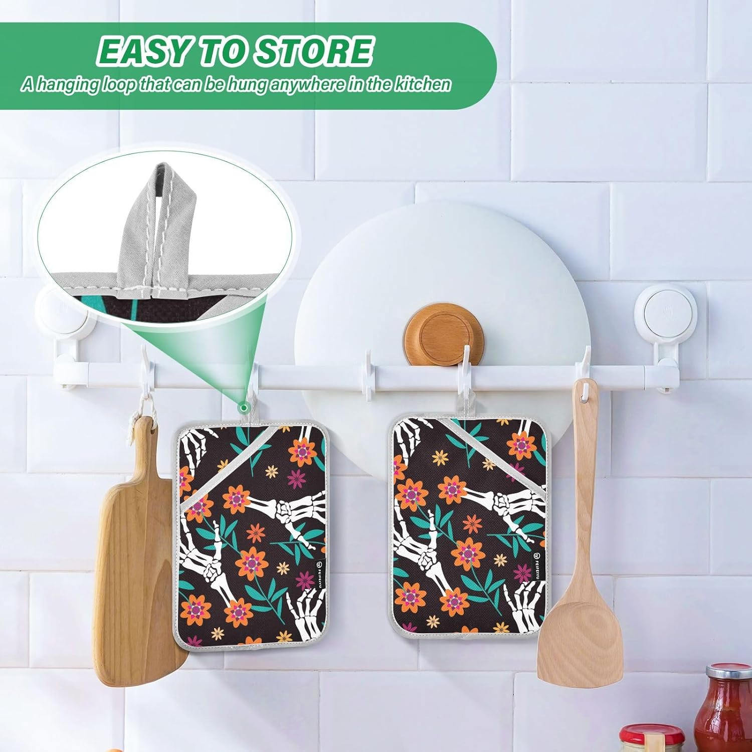 Halloween Hand Skull Flowers Kitchen Potholders