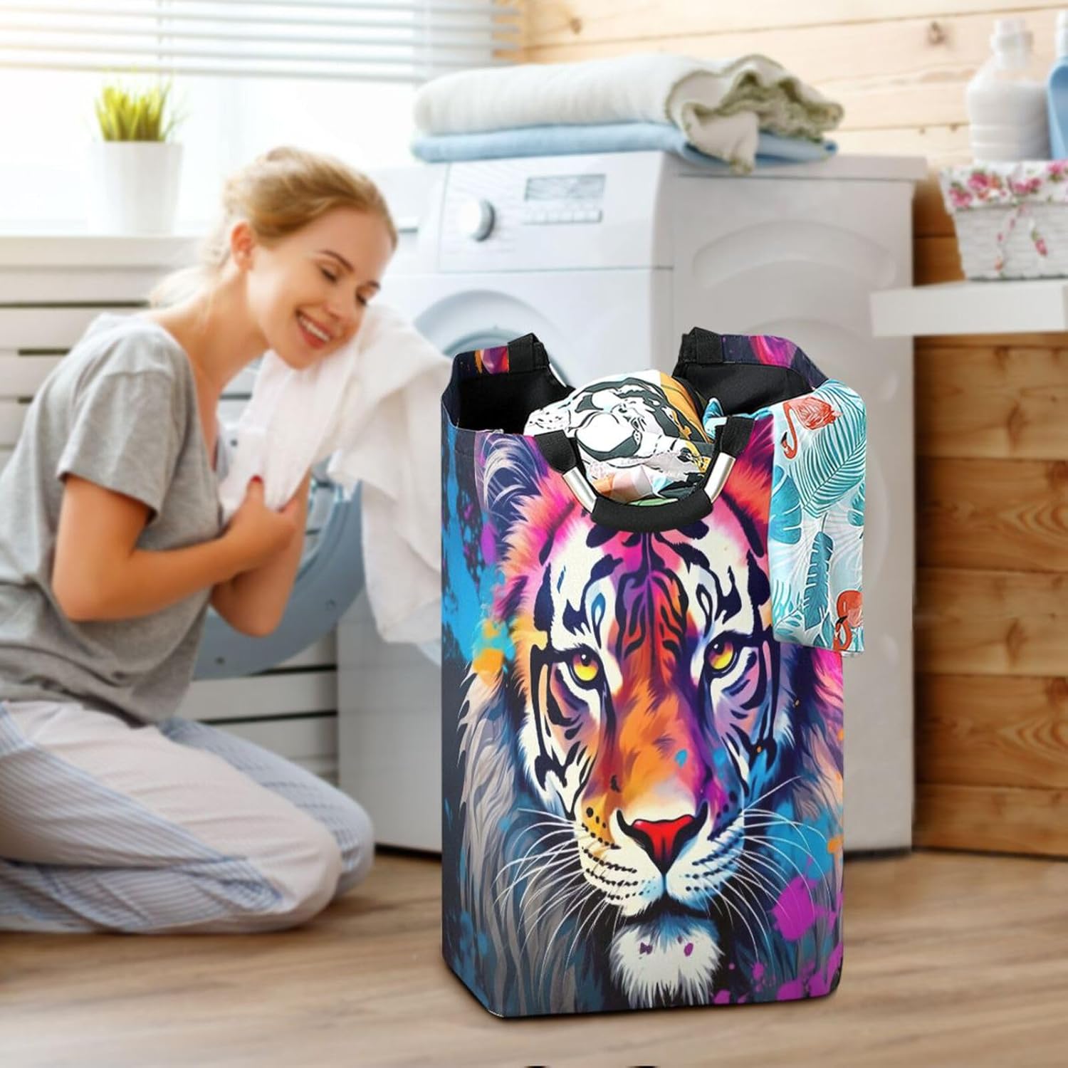 Stylish Functional Collapsible Laundry Basket with Cute Tiger Handles