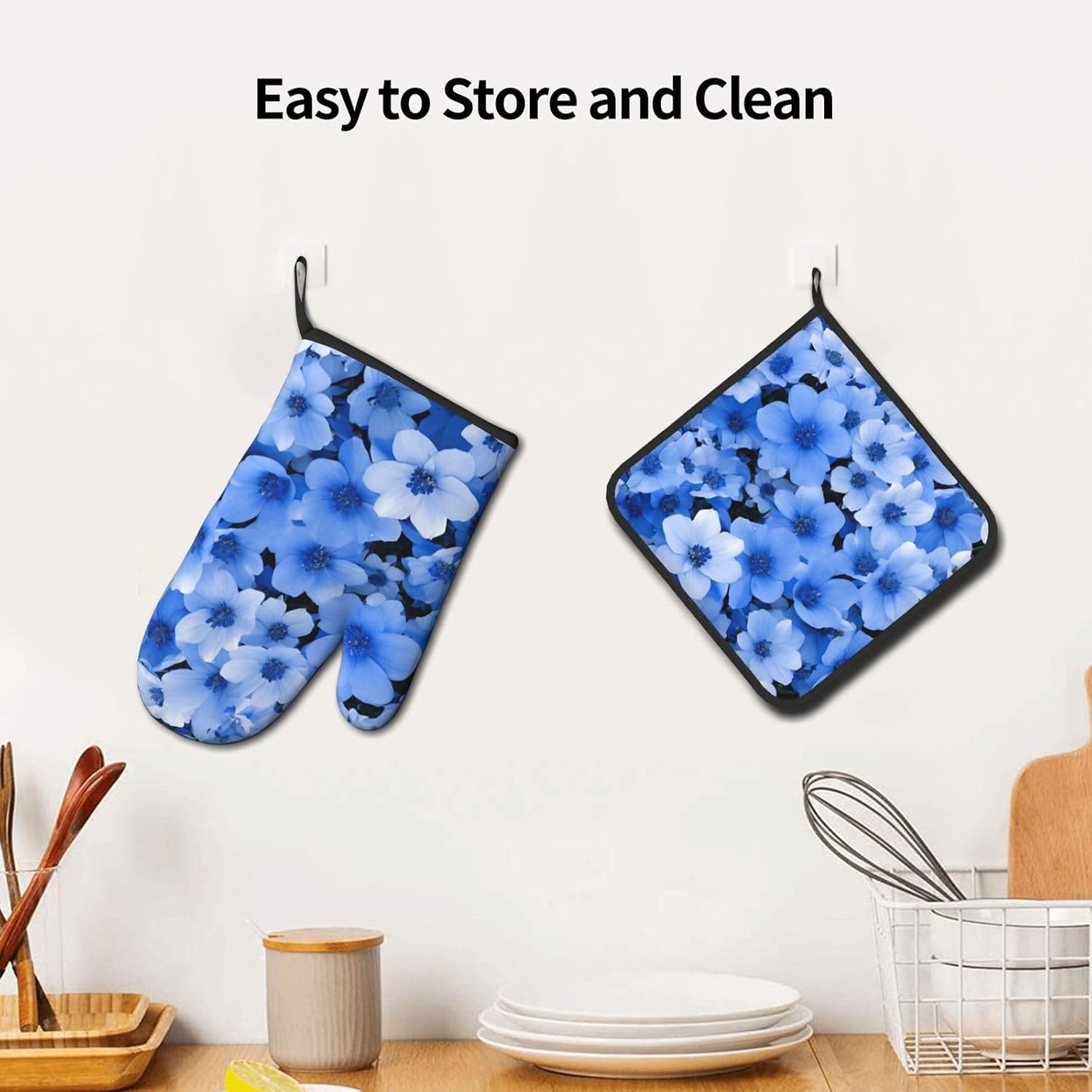 Premium Blue Flower Printed Oven Mitts Pot Holders Heat-Resistant and Durable
