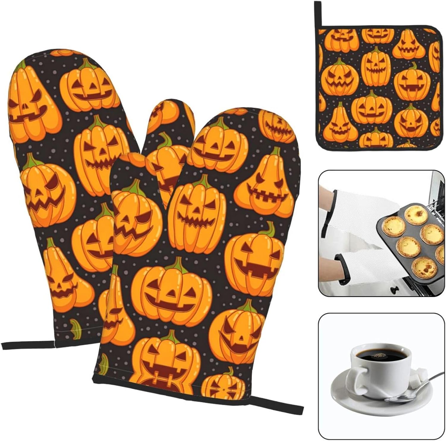 Halloween Pumpkin Pattern Oven Mitts and Pot Holders Set