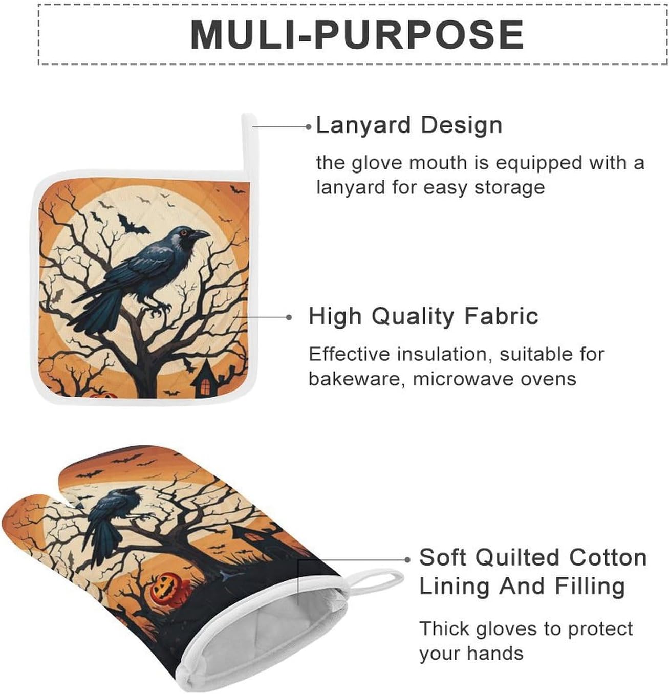 Exclusive Halloween Oven Mitts Pot Covers Set Heat-Resistant for Kitchen Use