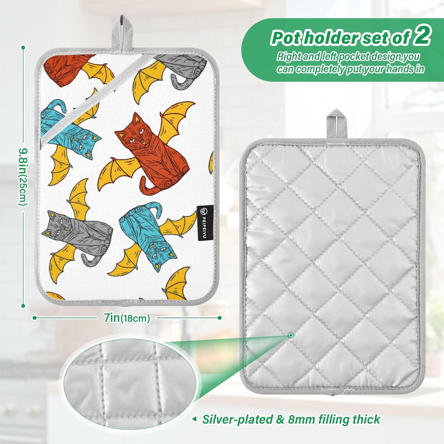 2-Piece Cat Wing Potholders Halloween Kitchen PawsNon-Stick Heat-Resistant