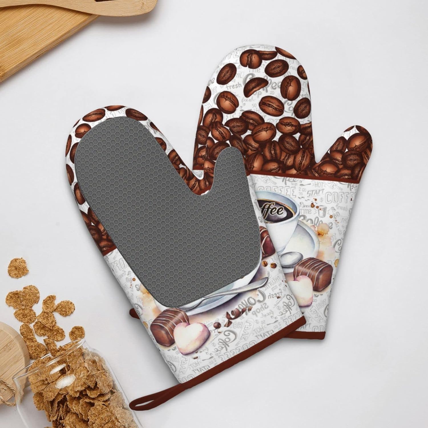 Coffee Print Silicone Oven Mitts 7x11 Inch 1 Pair