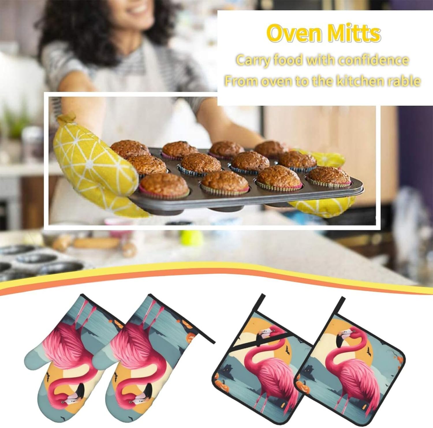 4-Piece Halloween Oven Mitts Pot Holders Waterproof Heat-Resistant