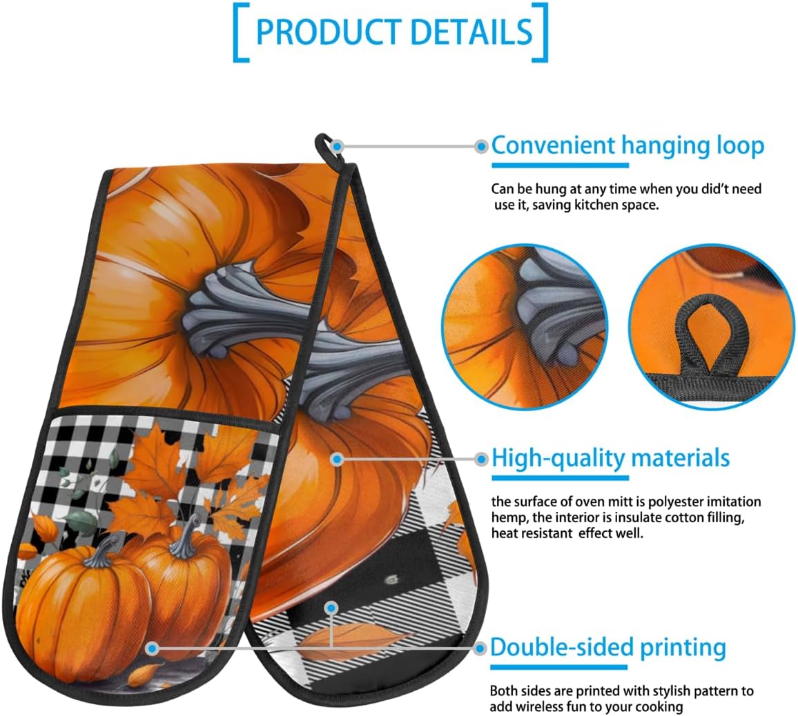Halloween Pumpkin Plaid Oven Mitts Heat Resistant Gloves for Cooking Grilling Homeuse