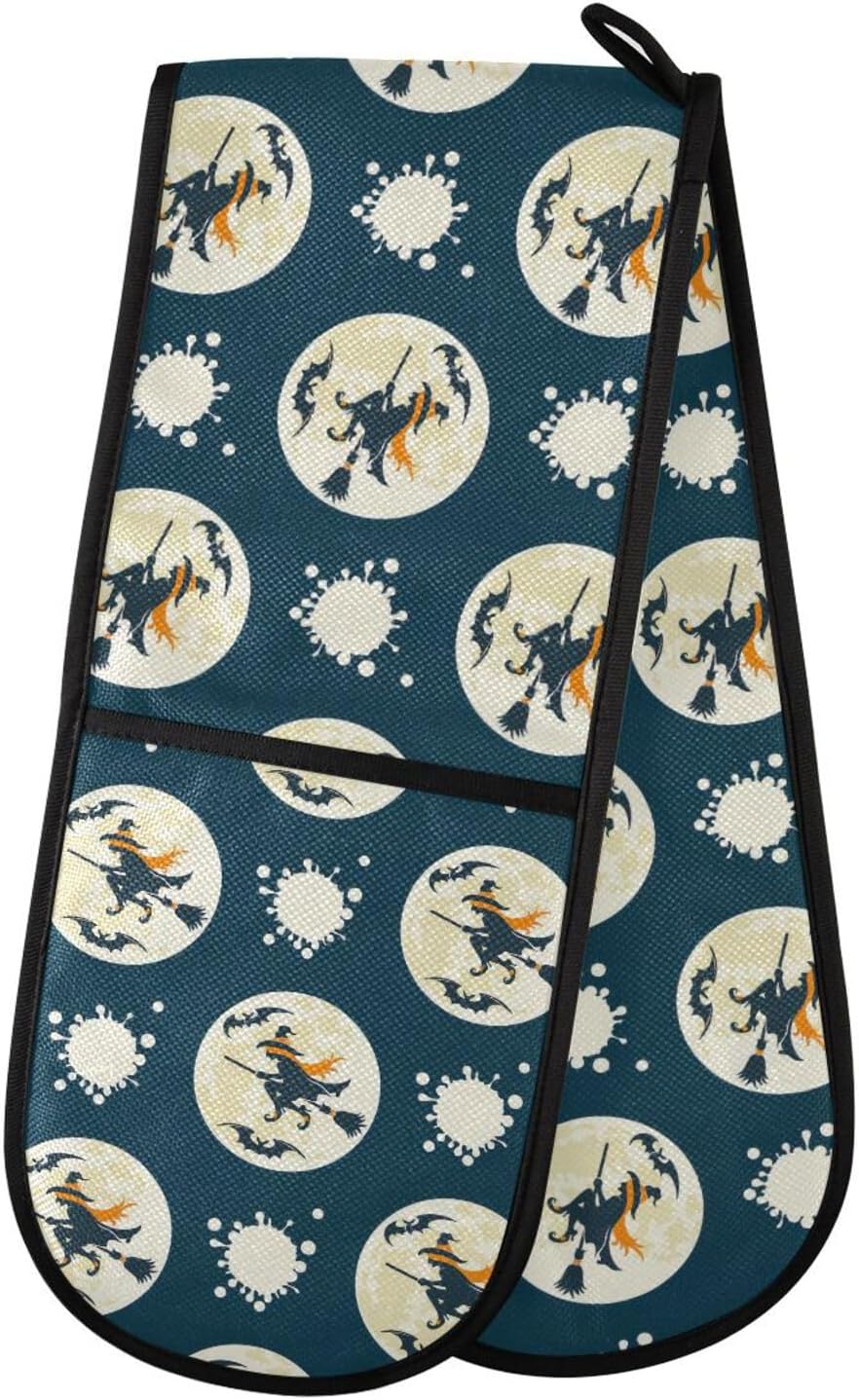 Halloween Full Moon Witch Double Oven Mitts Heat Resistant
