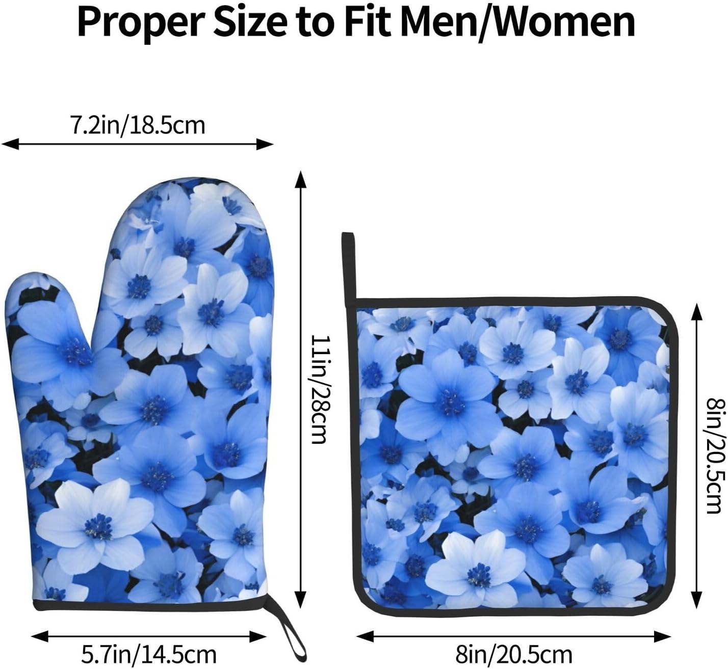 Premium Blue Flower Printed Oven Mitts Pot Holders Heat-Resistant and Durable