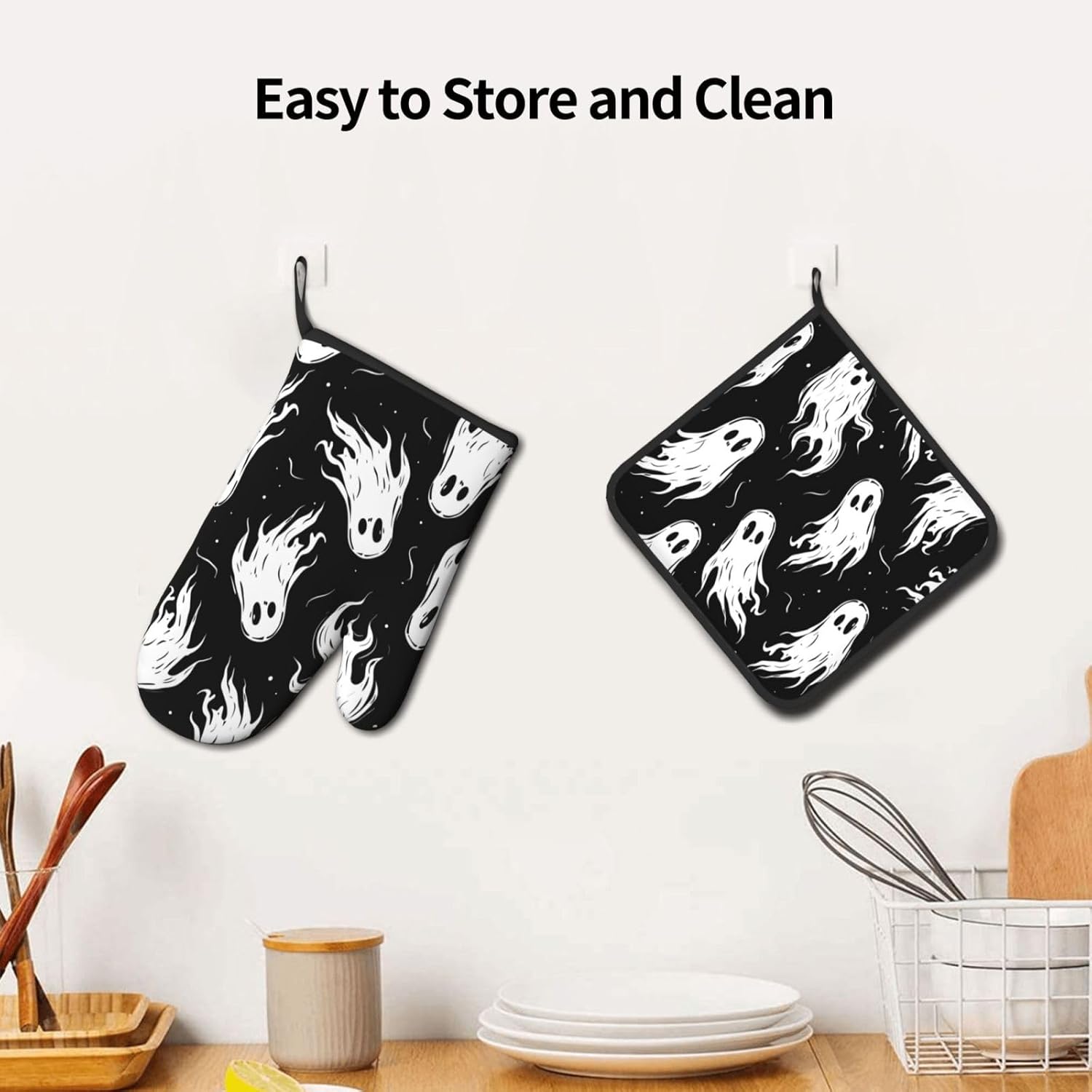Halloween Ghost Oven Mitt Set Heat-Resistant Potholders for Baking Cooking