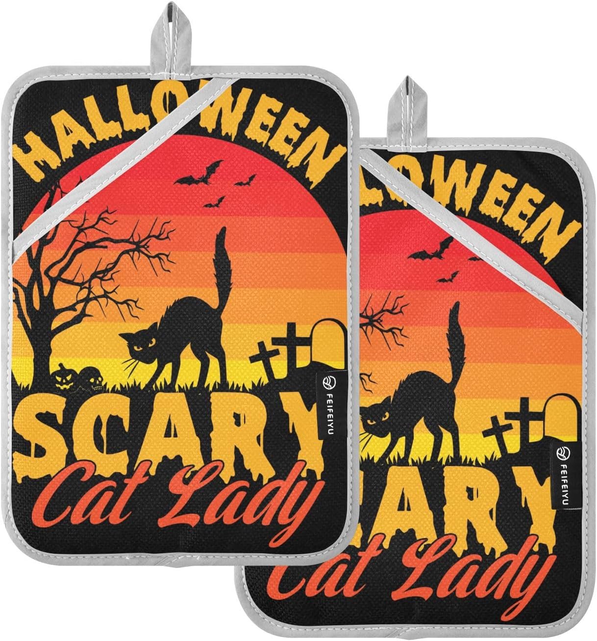 Halloween Scary Cat Lady Potholders Set with Pockets