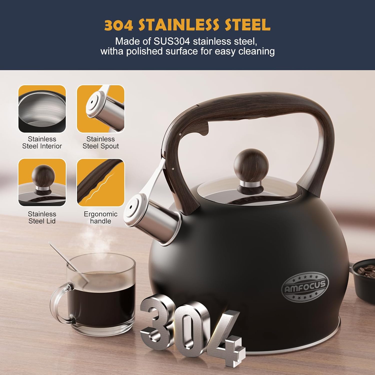 AMFOCUS264 Quart Ergonomic Stainless Steel Tea Kettle with Whistle Black