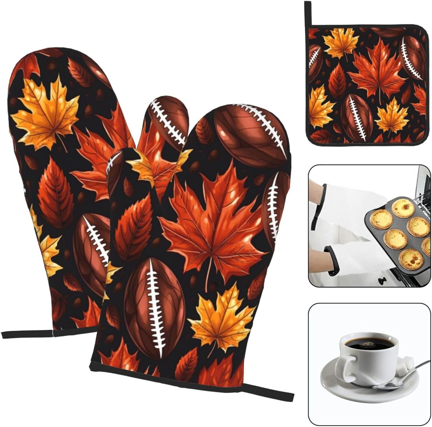 Oven Mitts Set of 3 with Maple Leaf and Football Pattern