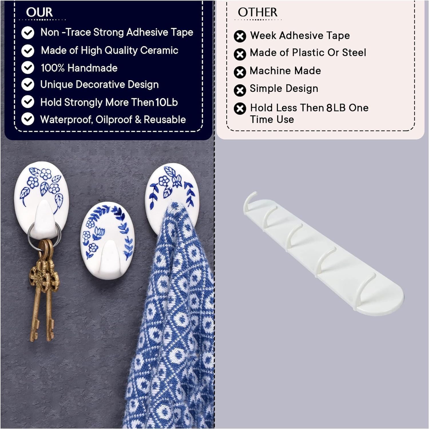 3 Hooks 6 Strips - White Blue Coats Towels Hanging Hook