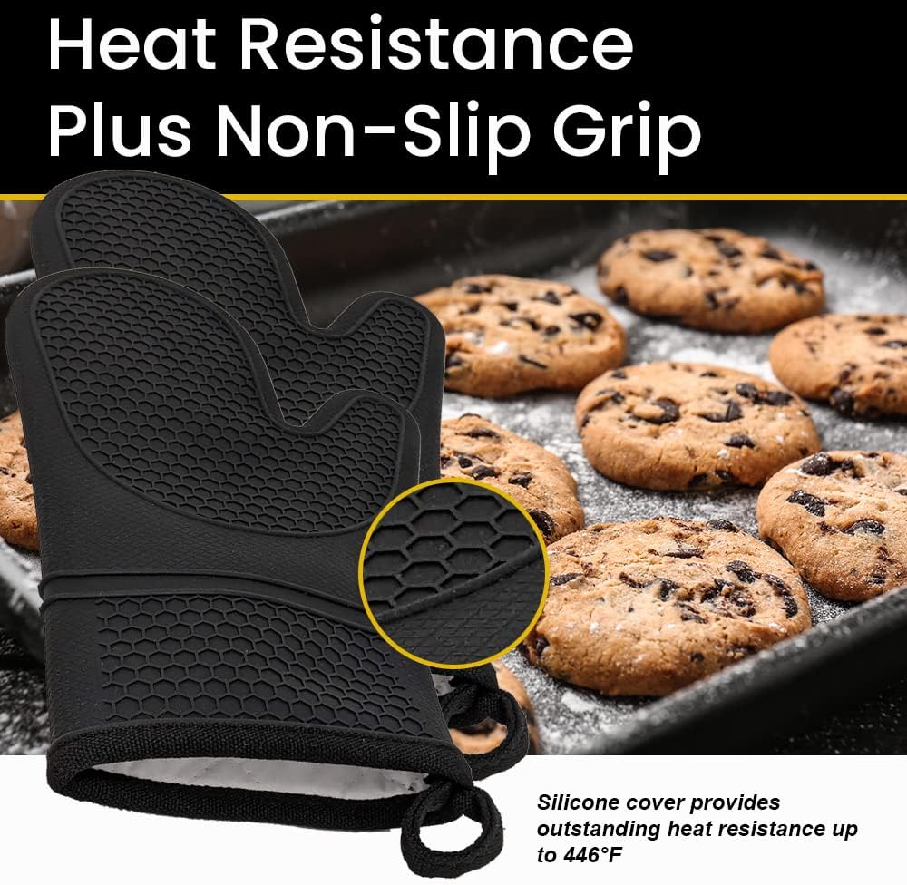 Black Heat Resistant Silicone Oven Mitts Pair of 2