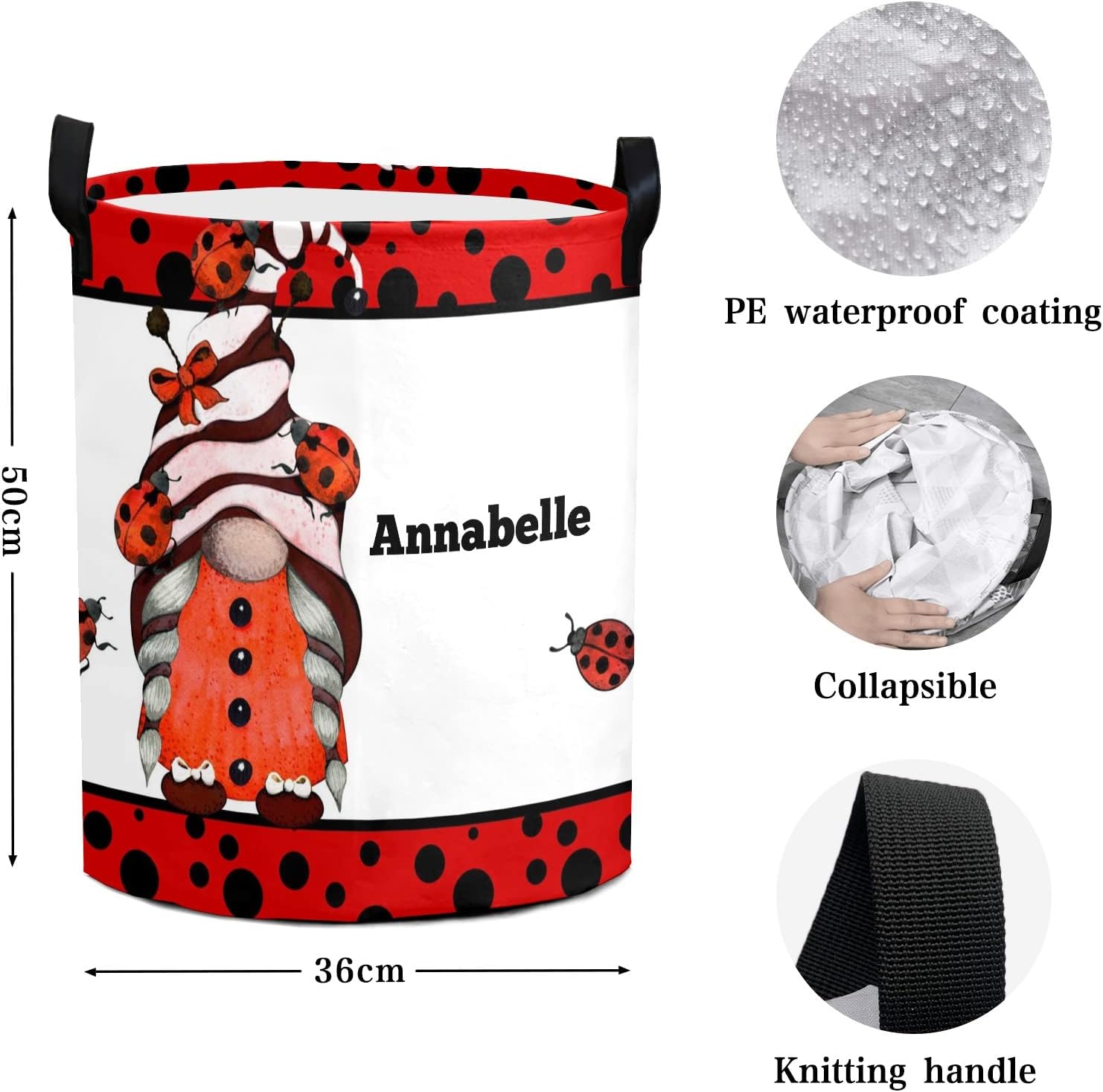 Ladybird Dots Gnome Personalized Waterproof Foldable Laundry Basket with Handle