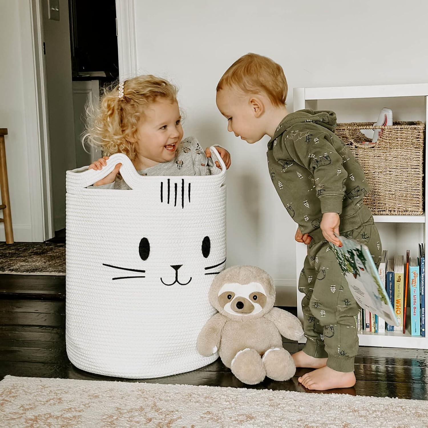 Cute Cat Basket White INDRESSME Tall Laundry Basket for Kids Cats