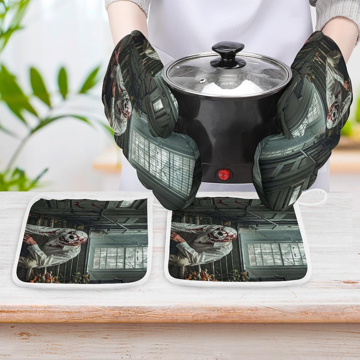 Halloween Horror-Themed Oven Mitts Set for Grilling Baking
