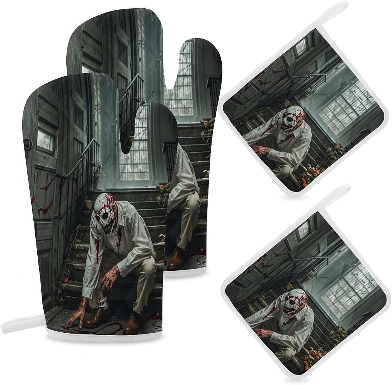 Halloween Horror-Themed Oven Mitts Set for Grilling Baking